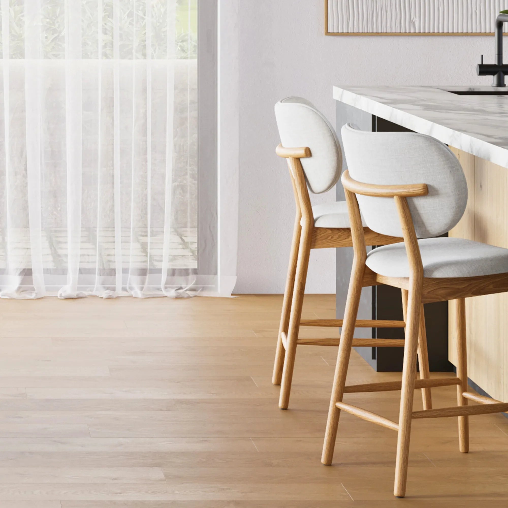 Olivia Bar Stool Dove Grey Fabric Solid American Oak