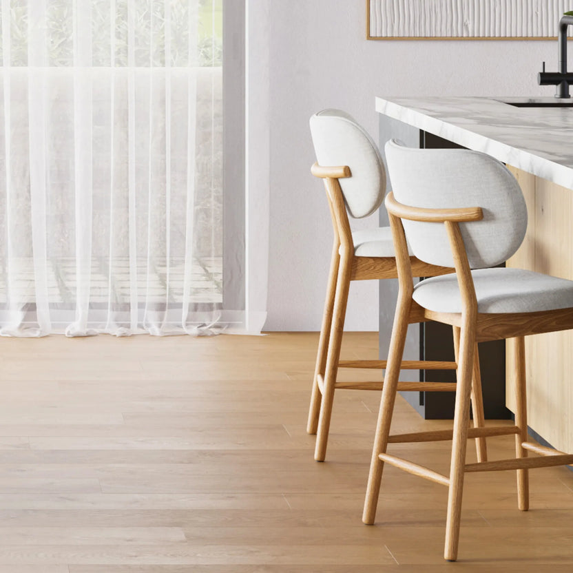 Olivia Bar Stool Dove Grey Fabric Solid American Oak