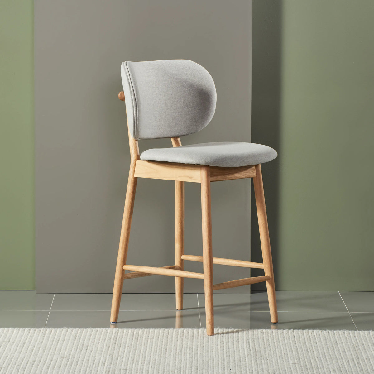 Olivia Bar Stool Dove Grey Fabric Solid American Oak