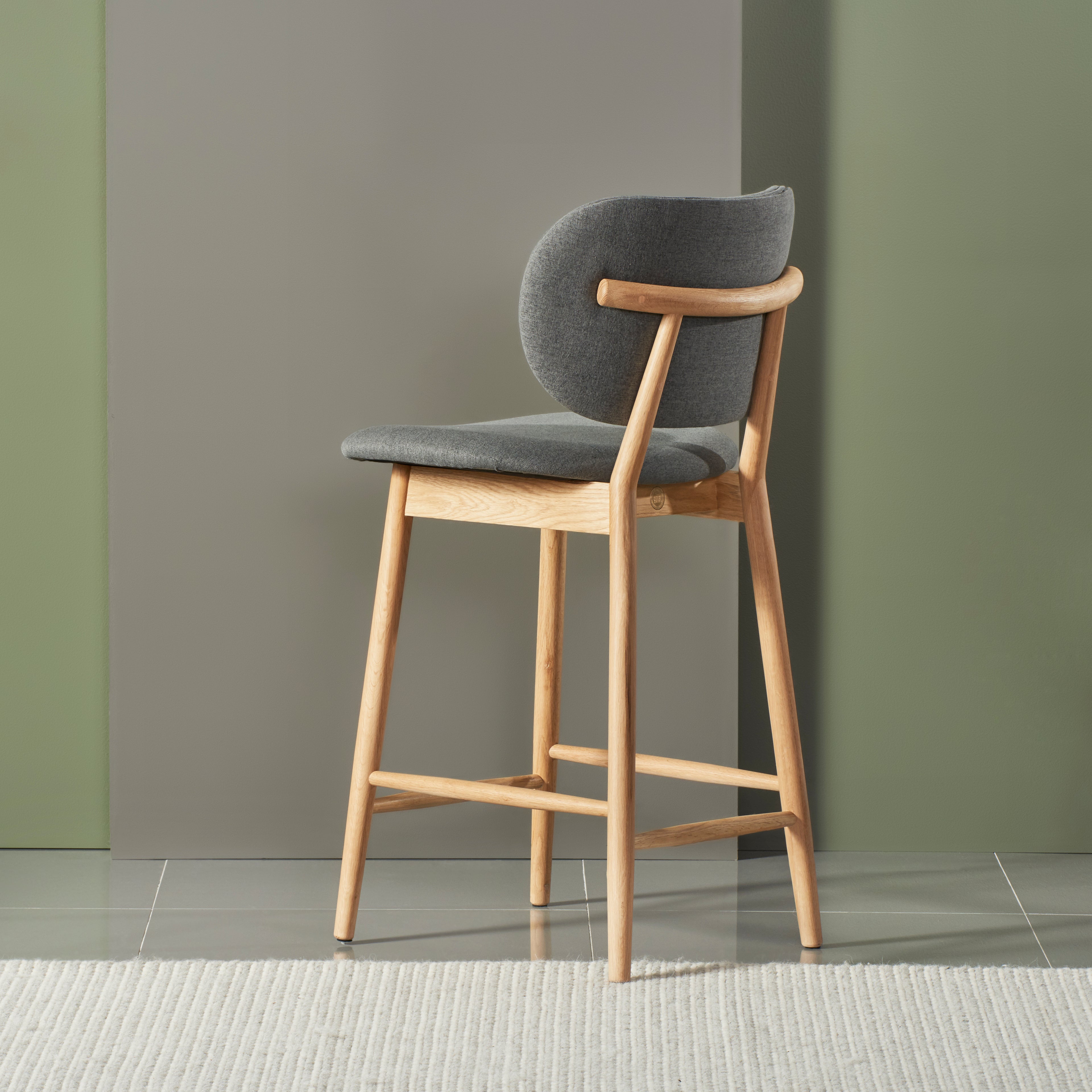 Olivia Bar Stool Graphite Grey Fabric Solid American Oak