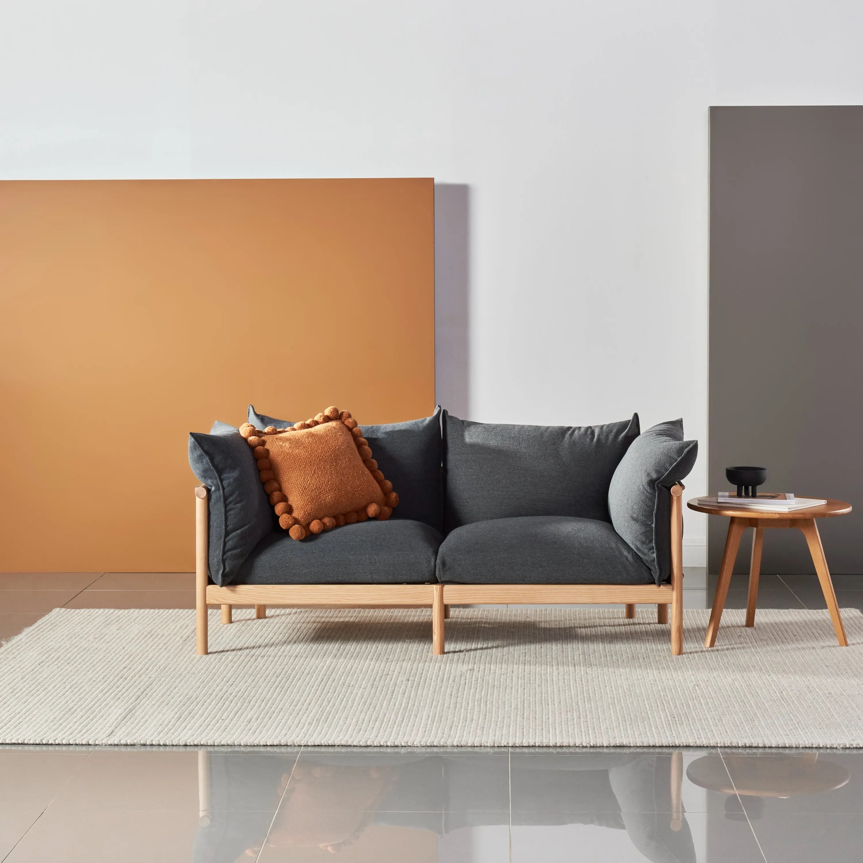 Olivia Sofa 2-Seater Granite Grey Fabric Solid American Oak