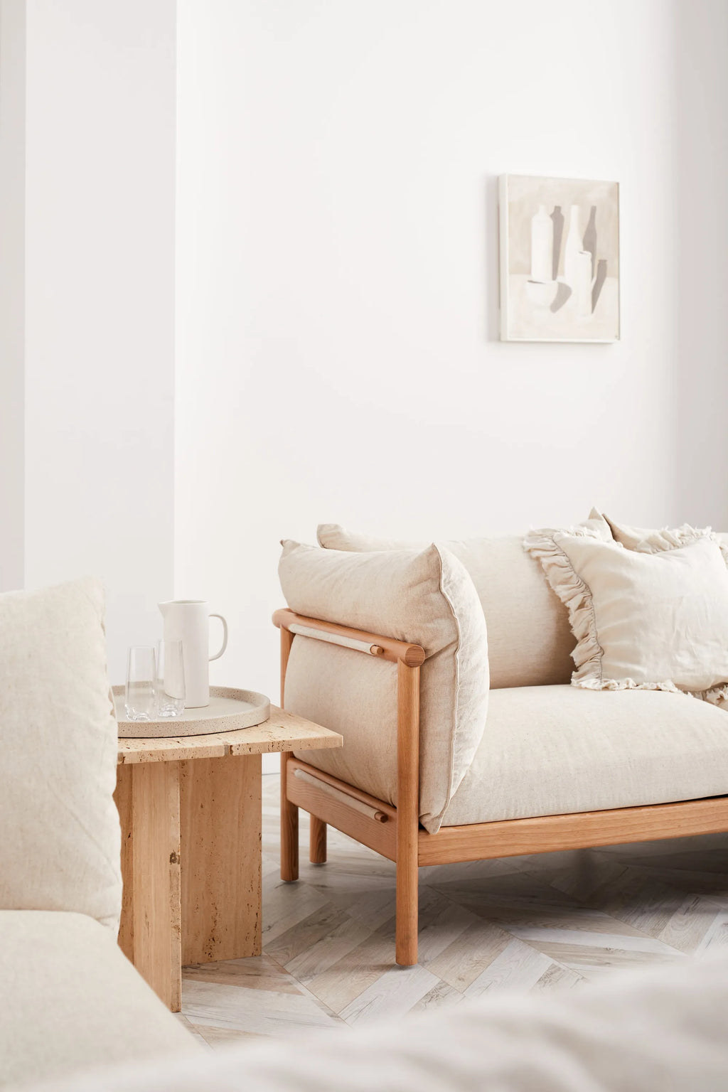 Olivia Sofa 2-Seater Sand Beige Velvet Solid American Oak