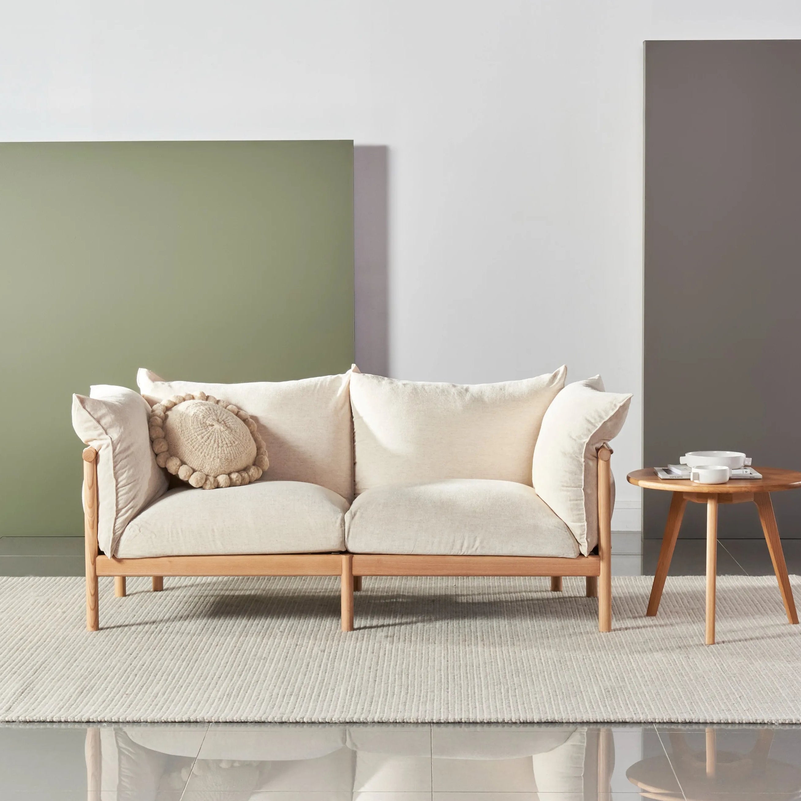 Olivia Sofa 2-Seater Sand Beige Velvet Solid American Oak