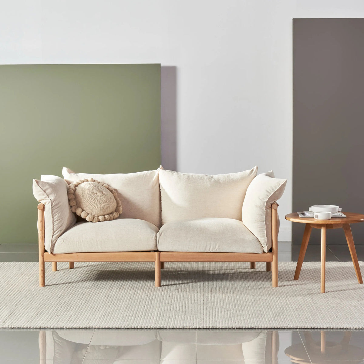 Olivia Sofa 2-Seater Sand Beige Velvet Solid American Oak