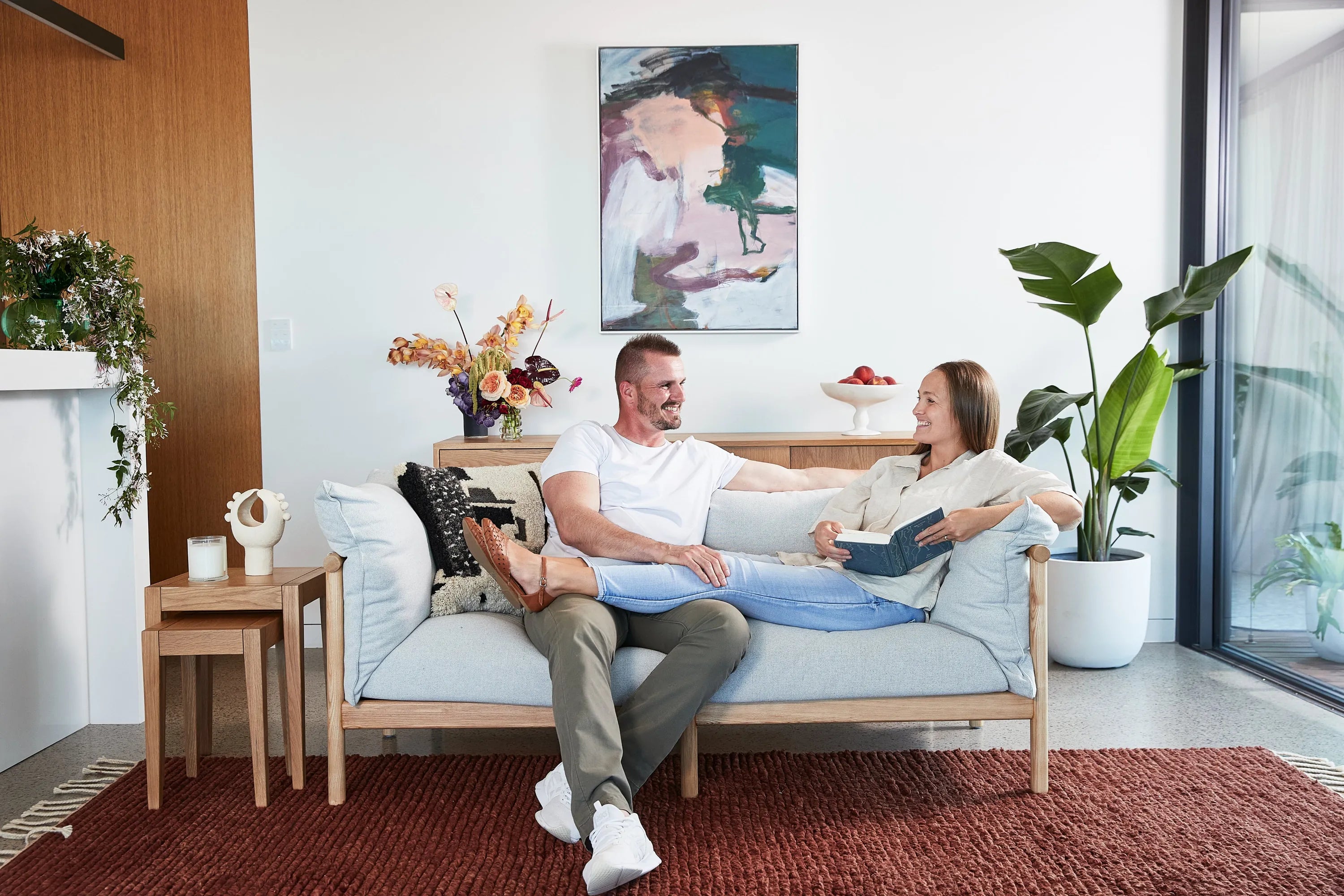 Olivia Sofa 2-Seater Soft Grey Fabric Solid American Oak