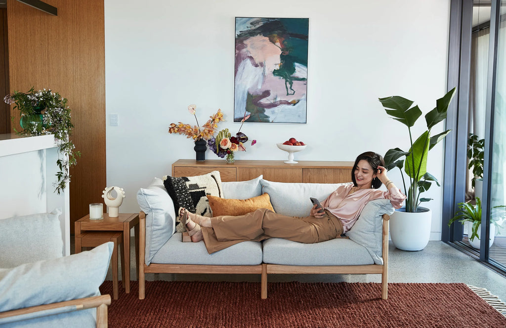 Olivia Sofa 2-Seater Soft Grey Fabric Solid American Oak