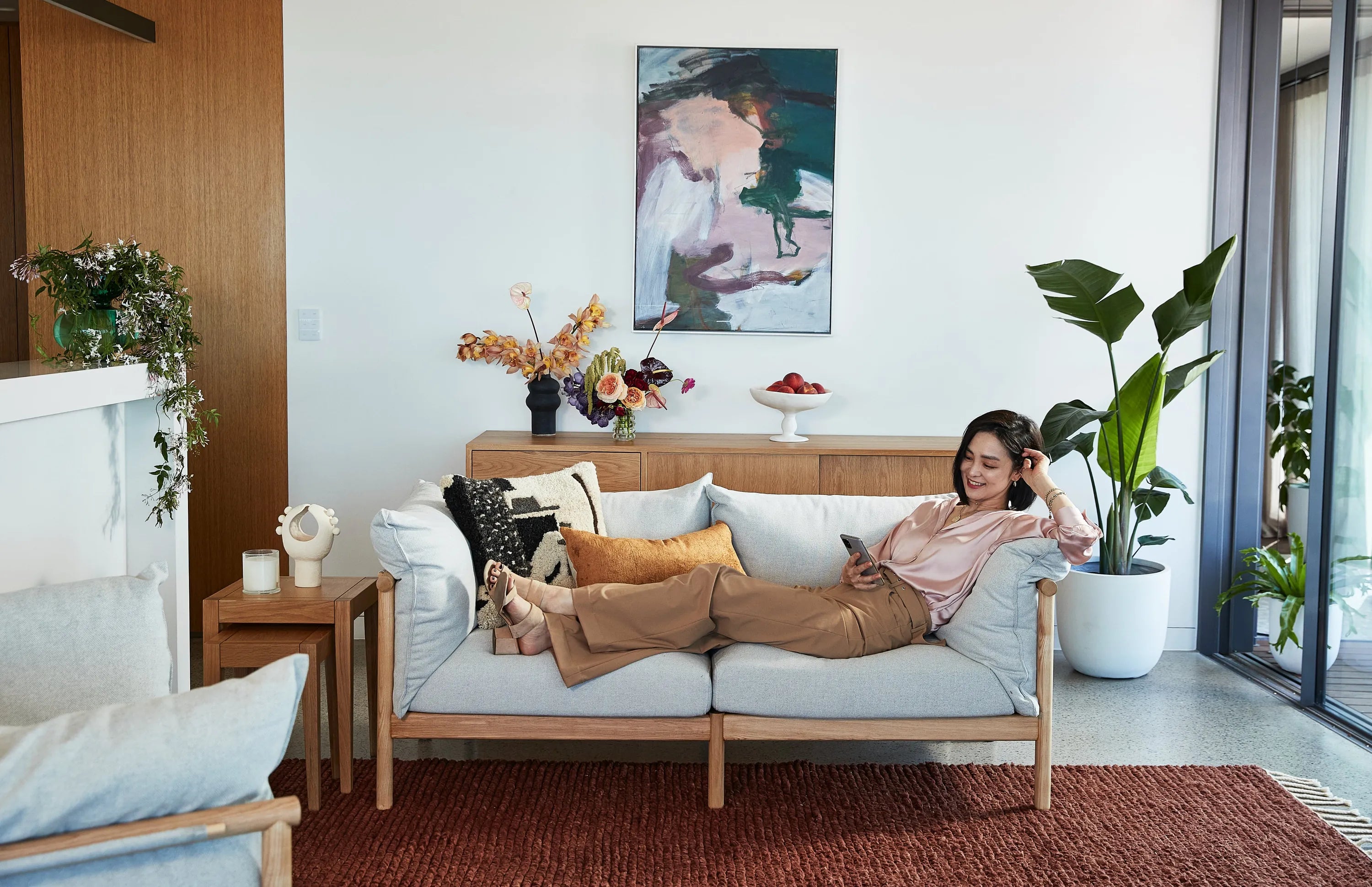 Olivia Sofa 2-Seater Soft Grey Fabric Solid American Oak