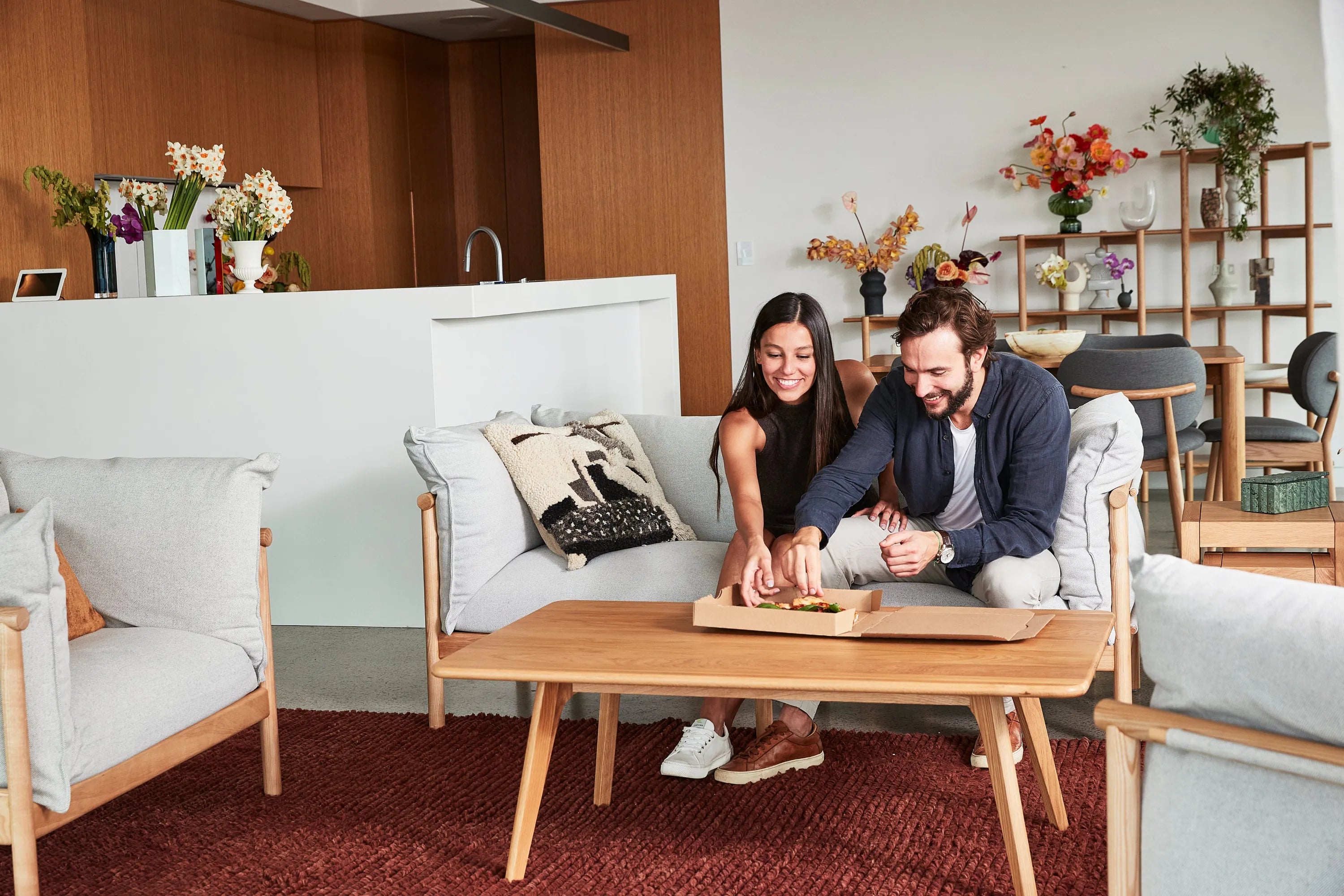 Olivia Sofa 2-Seater Soft Grey Fabric Solid American Oak