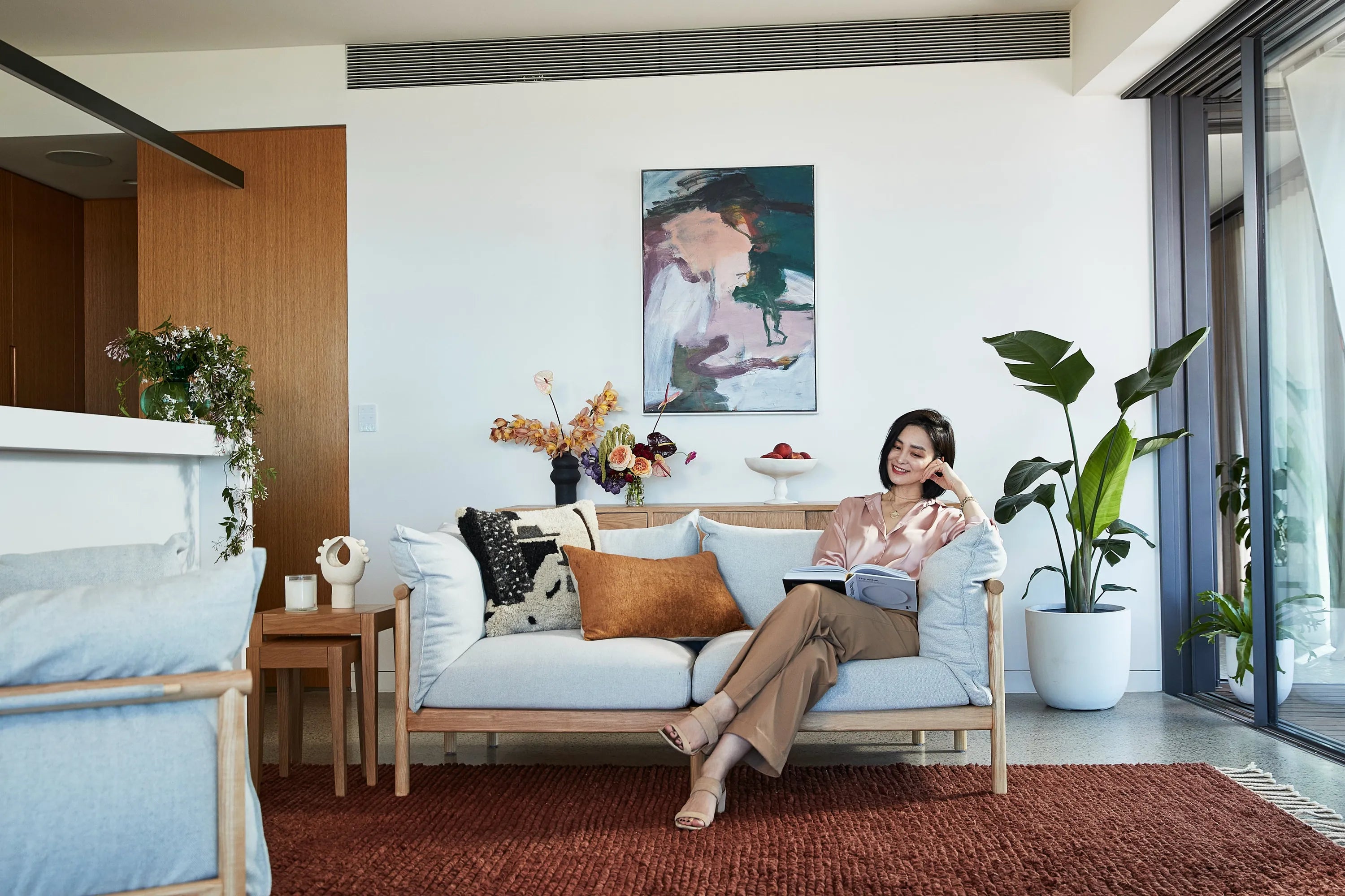 Olivia Sofa 2-Seater Soft Grey Fabric Solid American Oak