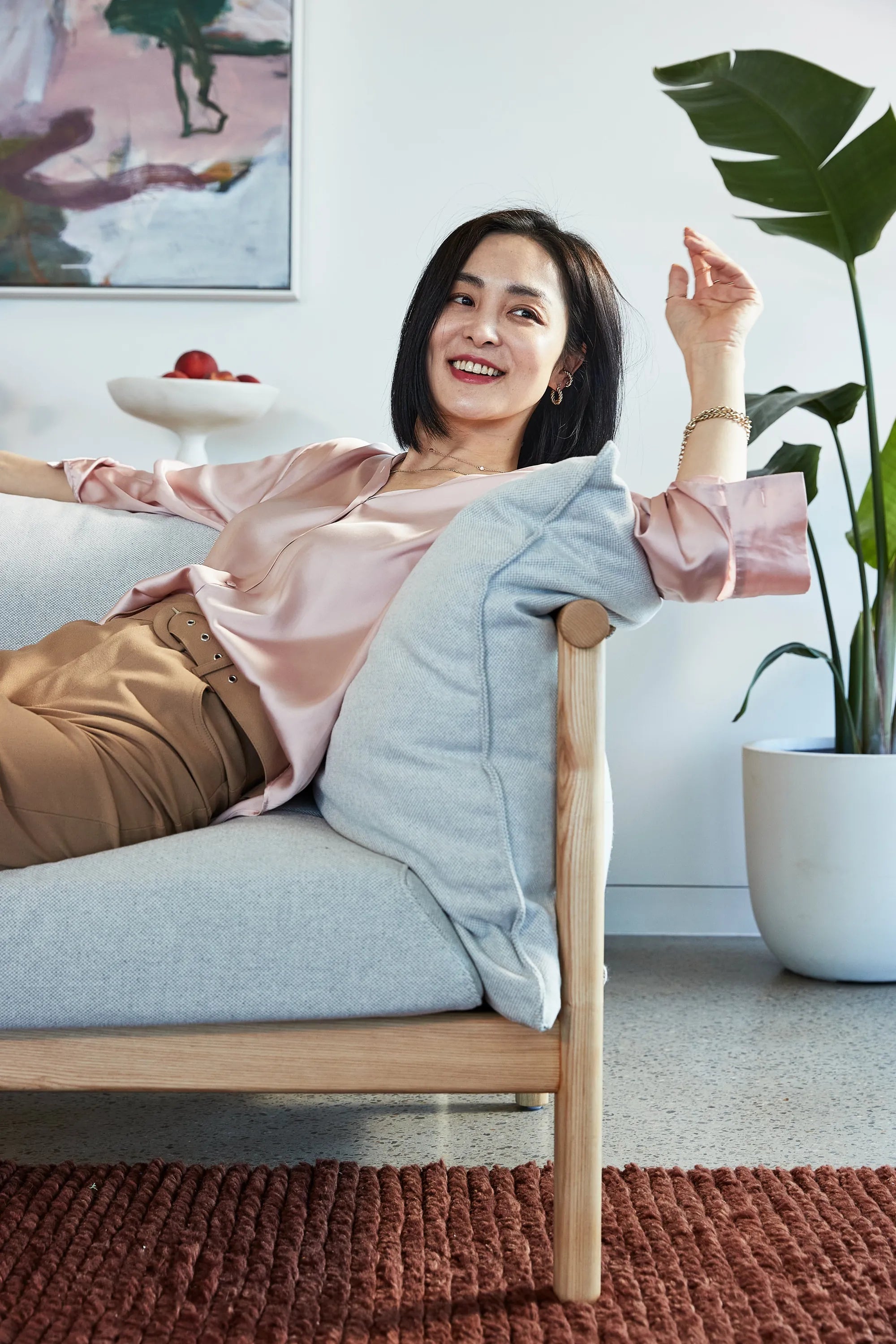 Olivia Sofa 2-Seater Soft Grey Fabric Solid American Oak