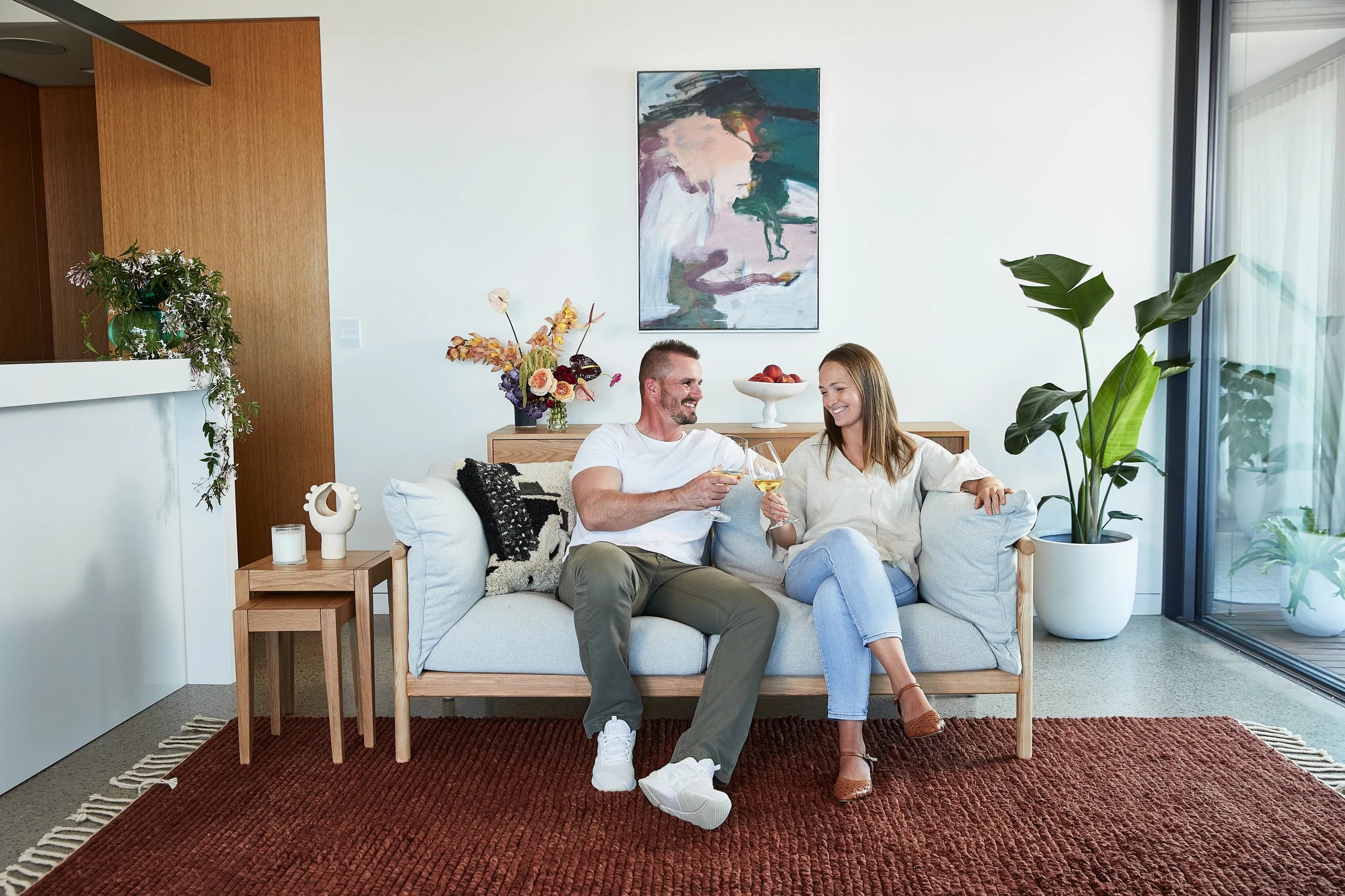 Olivia Sofa 2-Seater Soft Grey Fabric Solid American Oak