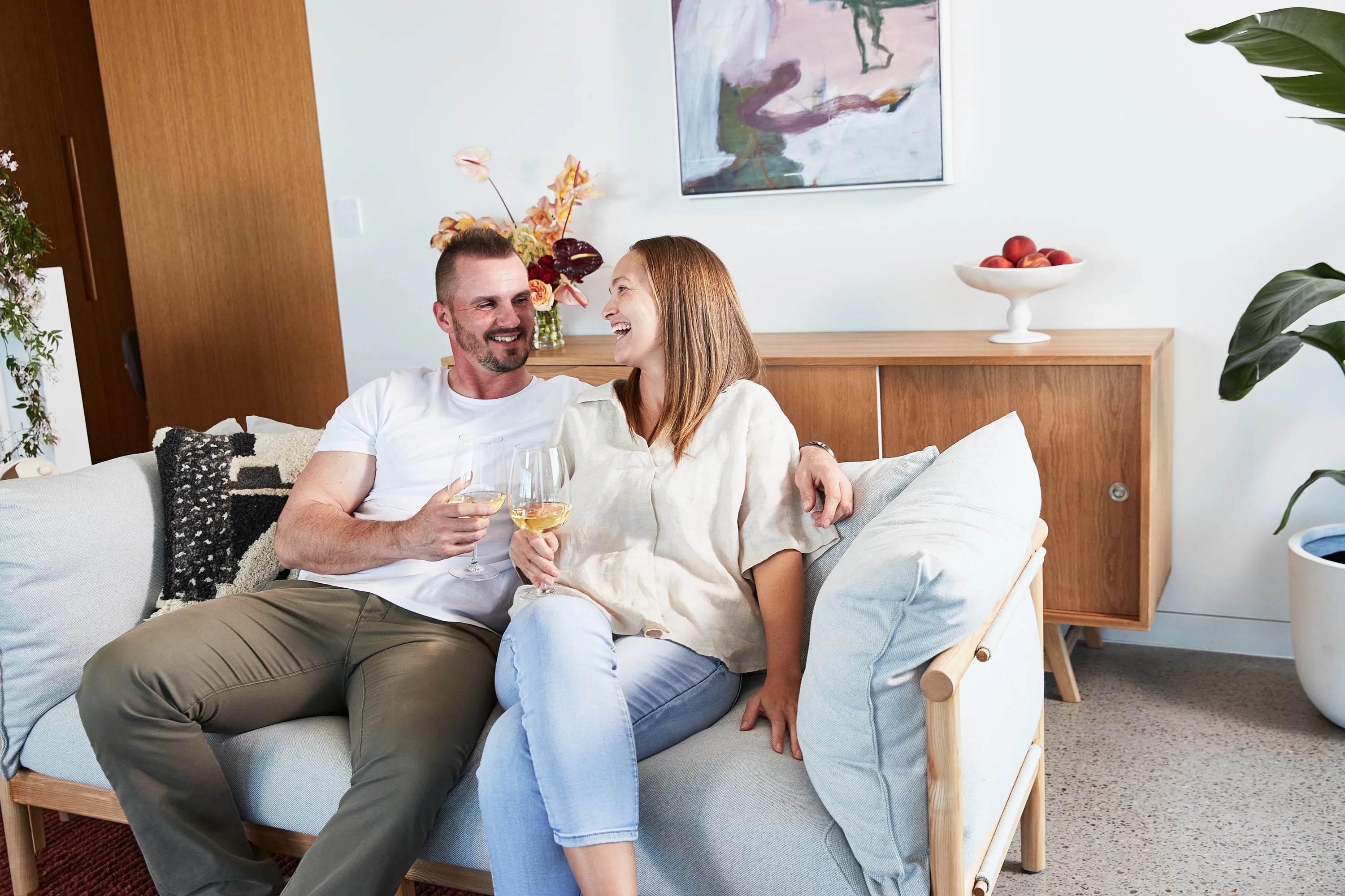 Olivia Sofa 2-Seater Soft Grey Fabric Solid American Oak