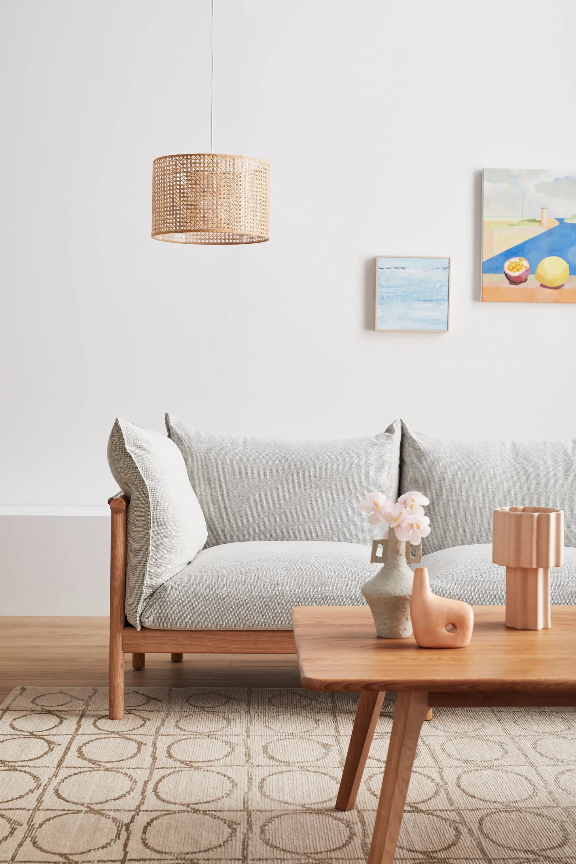 Olivia Sofa 2-Seater Soft Grey Fabric Solid American Oak