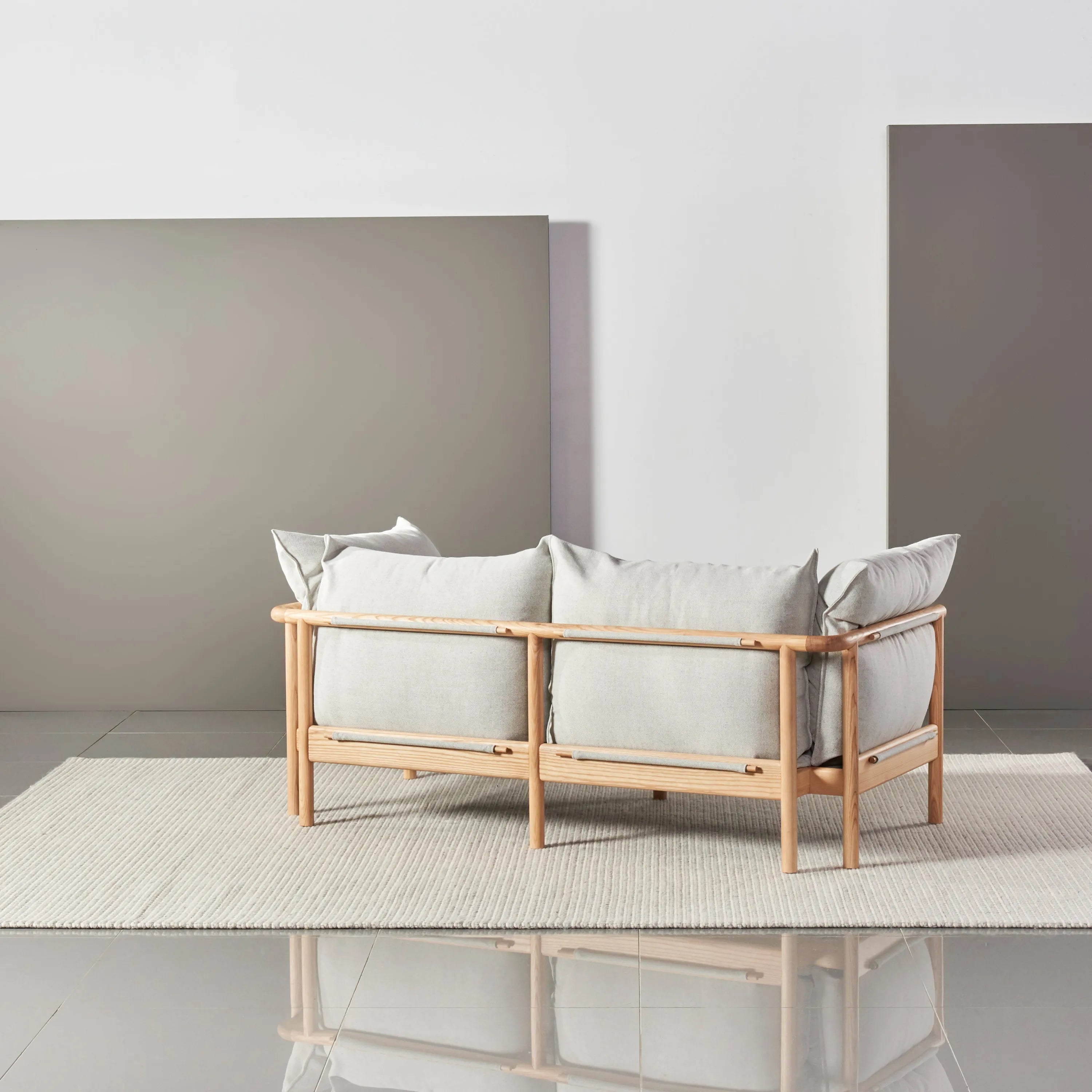 Olivia Sofa 2-Seater Soft Grey Fabric Solid American Oak