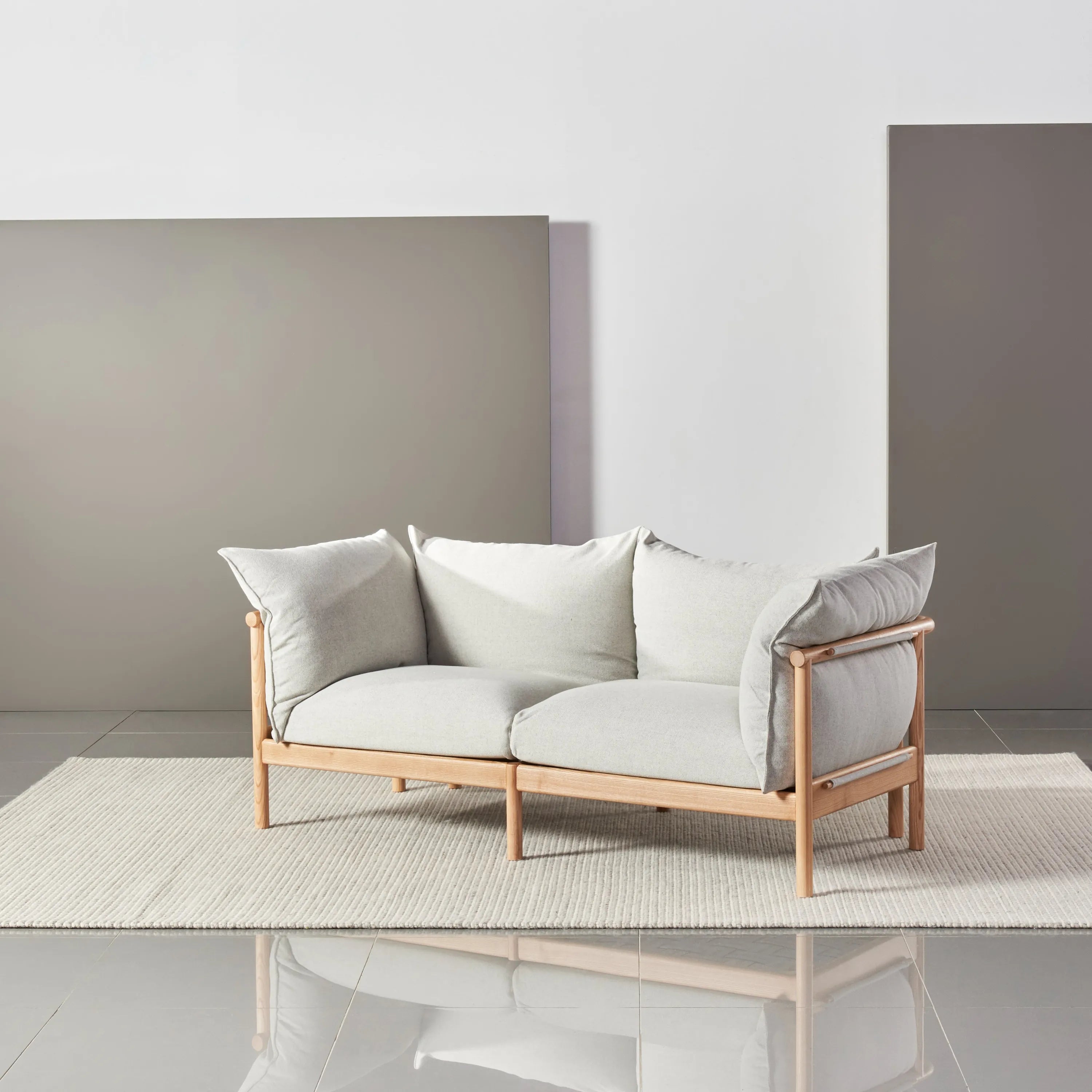 Olivia Sofa 2-Seater Soft Grey Fabric Solid American Oak