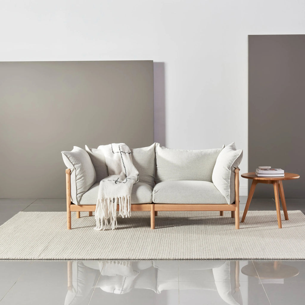 Olivia Sofa 2-Seater Soft Grey Fabric Solid American Oak