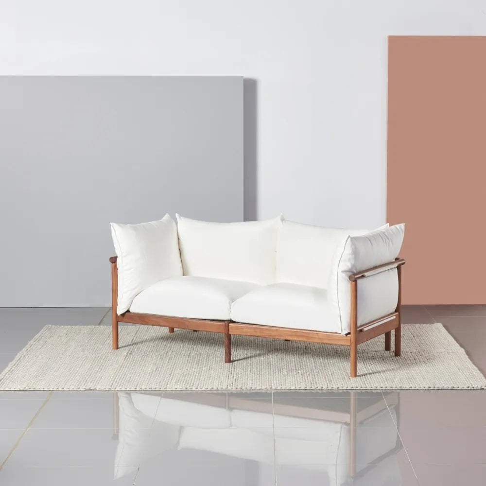 Olivia Sofa 2-Seater Crisp White Fabric Solid American Walnut