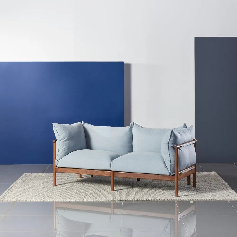 Olivia Sofa 2-Seater Mist Blue Fabric Solid American Walnut