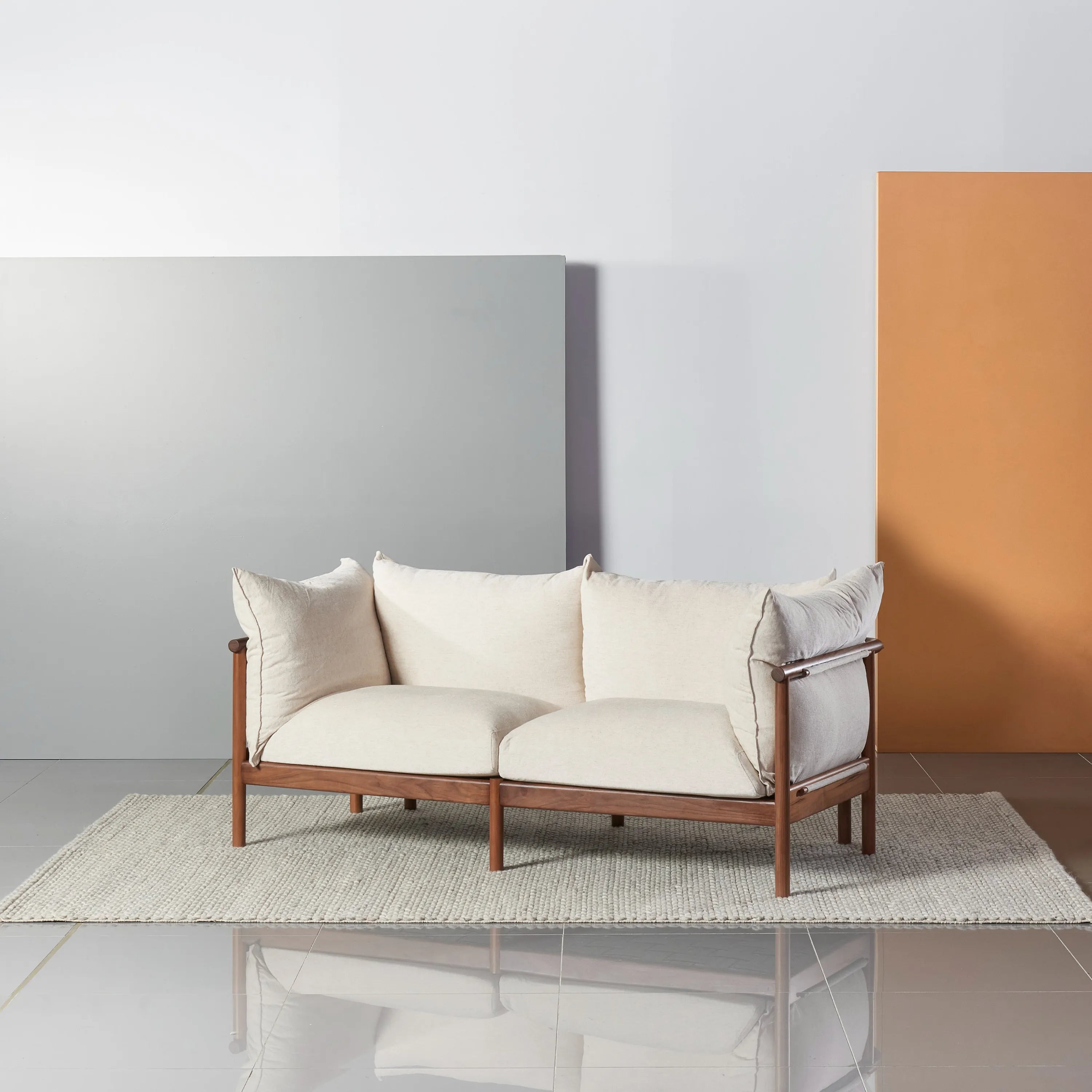 Olivia Sofa 2-Seater Sand Beige Velvet Solid American Walnut