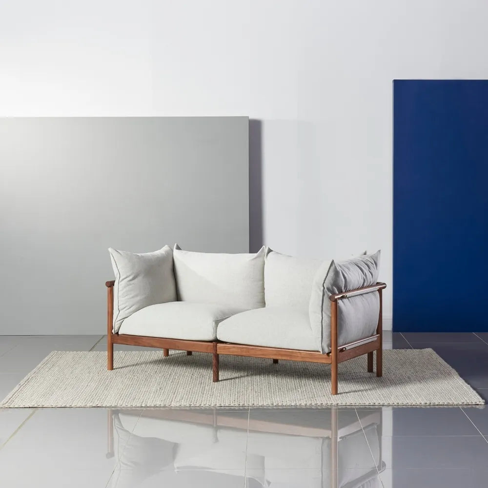 Olivia Sofa 2-Seater Soft Grey Fabric Solid American Walnut