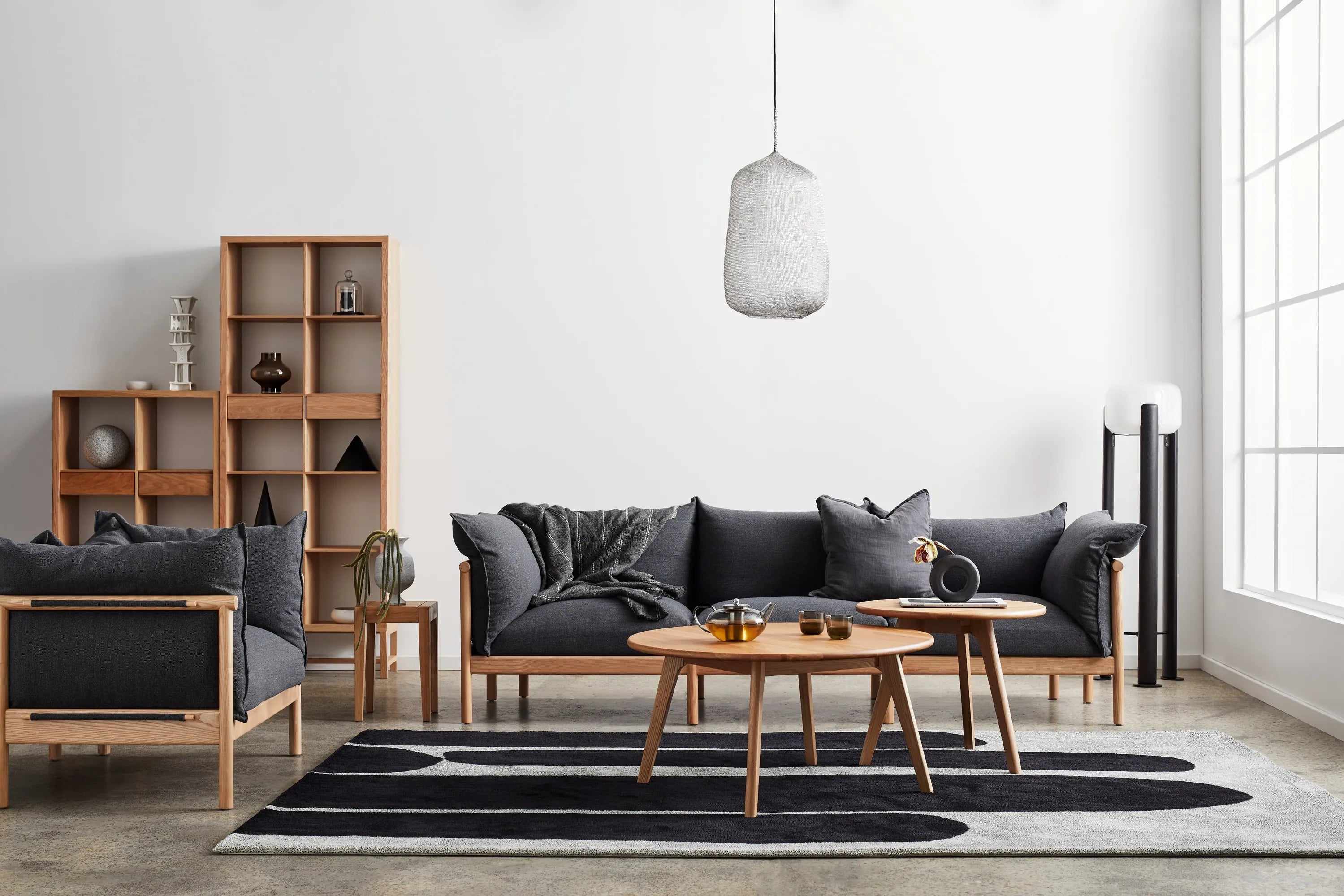 Olivia Sofa 3-Seater Granite Grey Fabric Solid American Oak