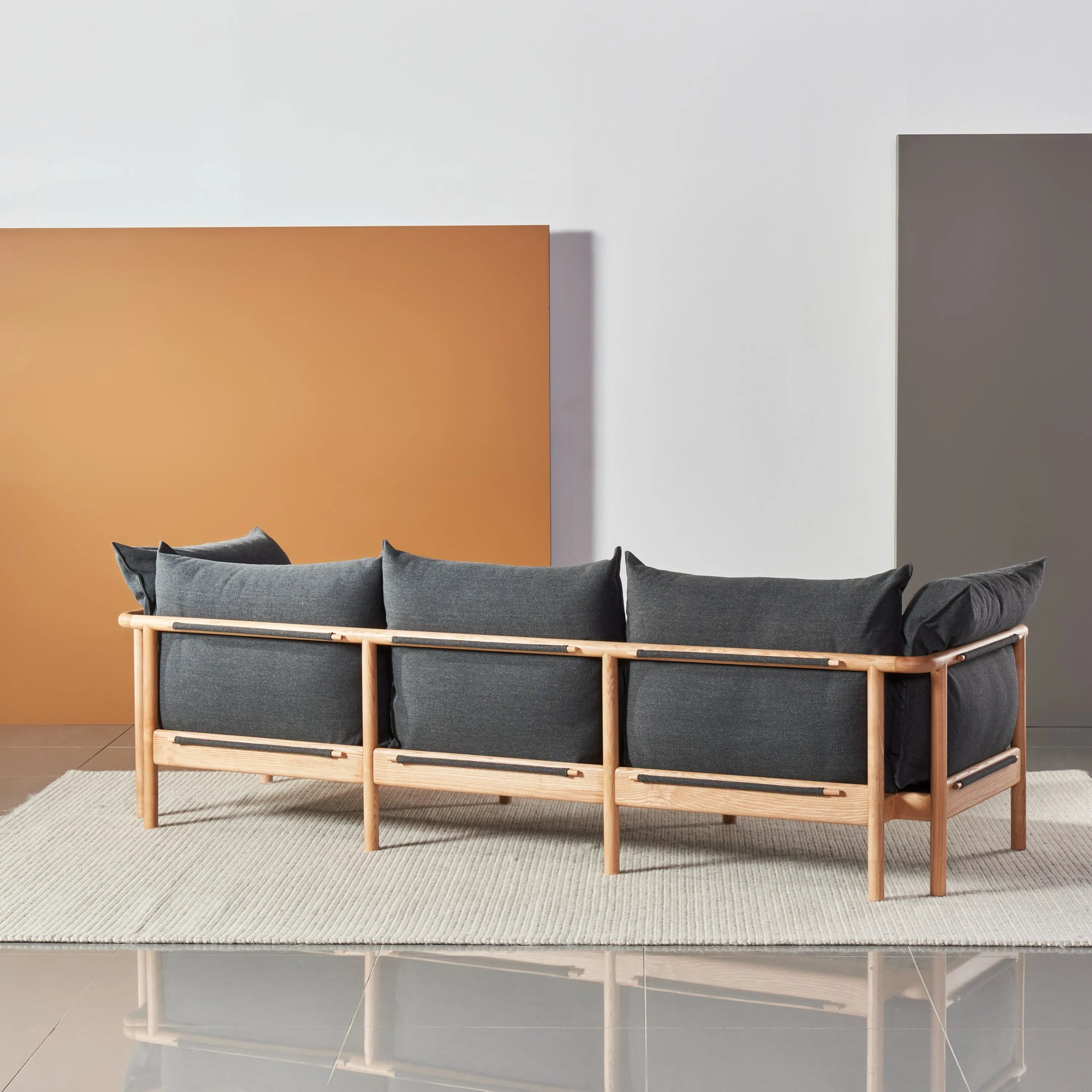 Olivia Sofa 3-Seater Granite Grey Fabric Solid American Oak