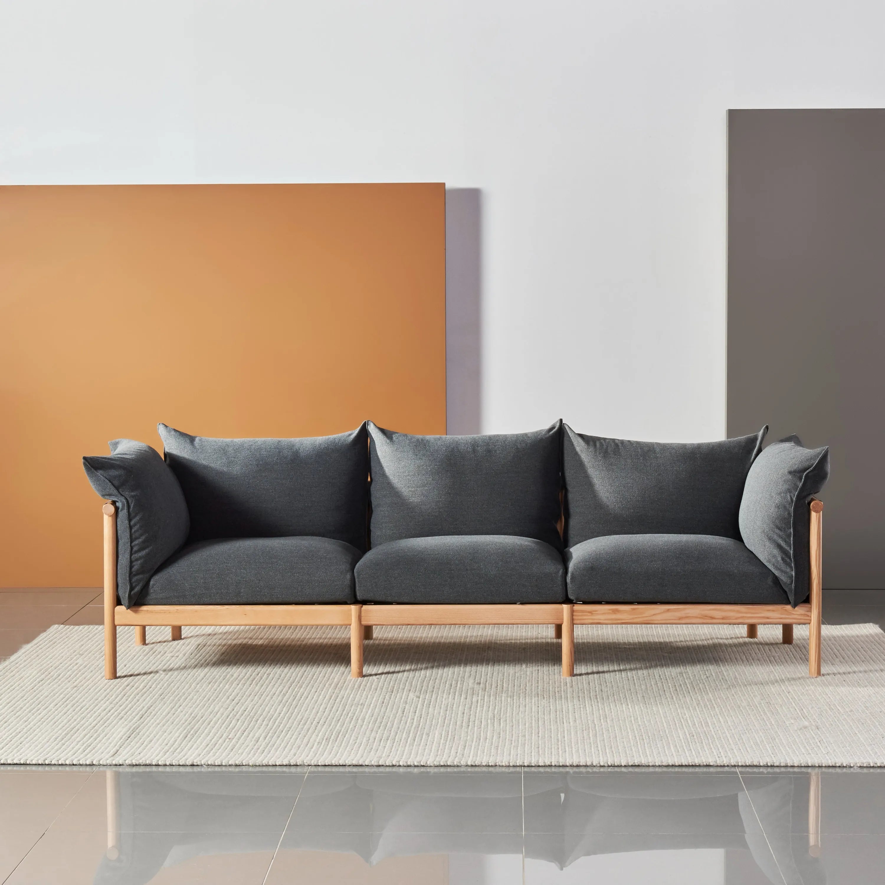 Olivia Sofa 3-Seater Granite Grey Fabric Solid American Oak