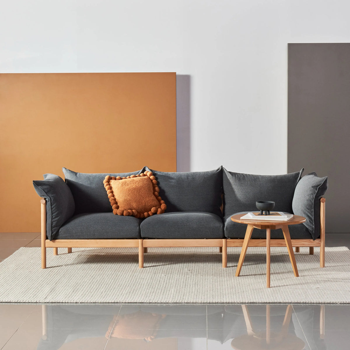 Olivia Sofa 3-Seater Granite Grey Fabric Solid American Oak
