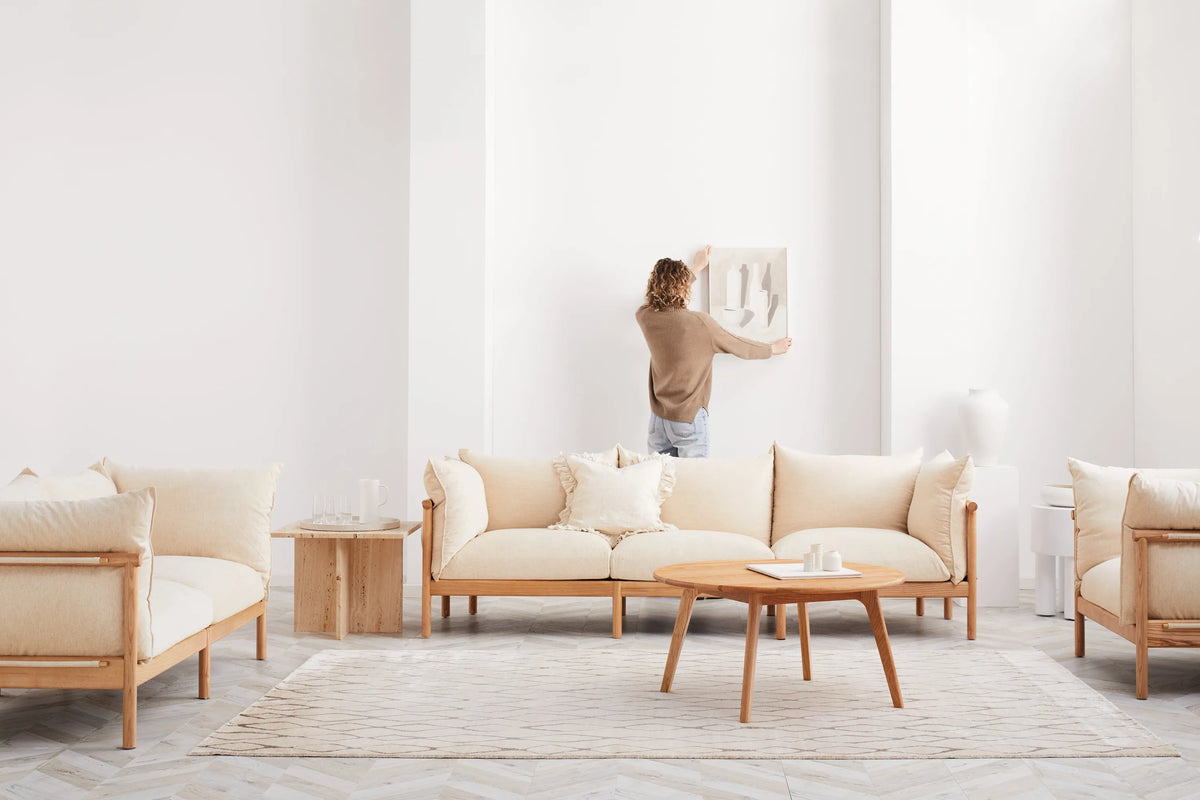 Olivia Sofa 3-Seater Sand Beige Velvet Solid American Oak