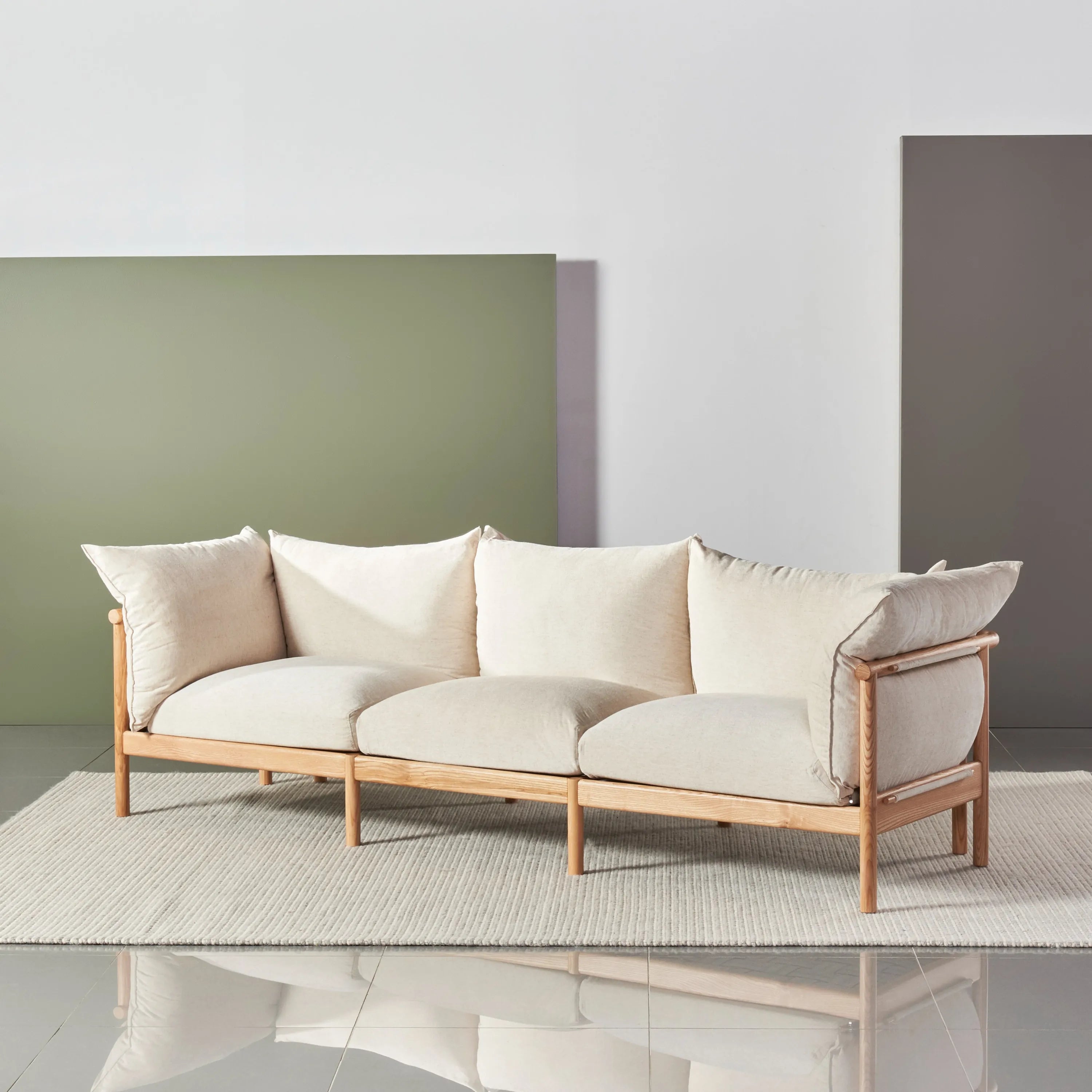 Olivia Sofa 3-Seater Sand Beige Velvet Solid American Oak