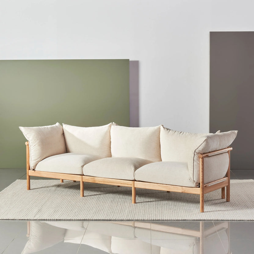 Olivia Sofa 3-Seater Sand Beige Velvet Solid American Oak