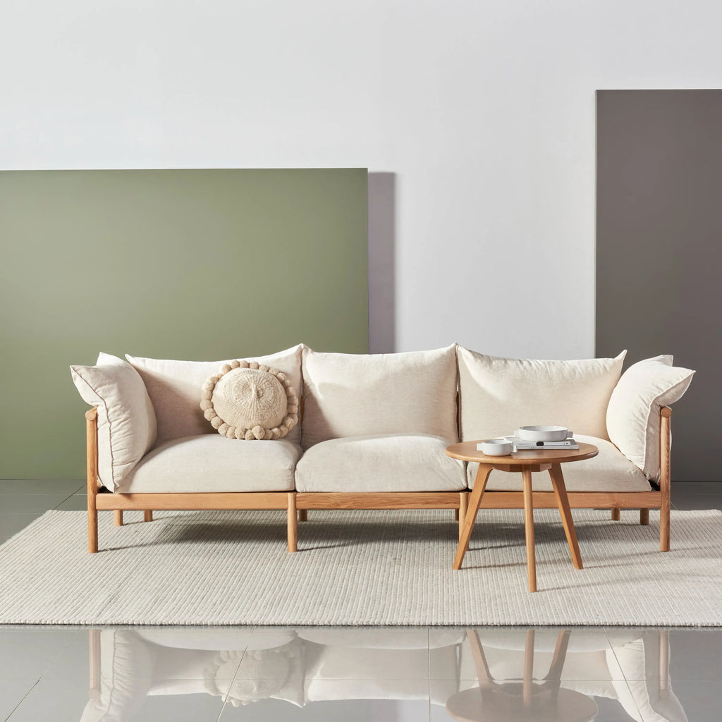 Olivia Sofa 3-Seater Sand Beige Velvet Solid American Oak