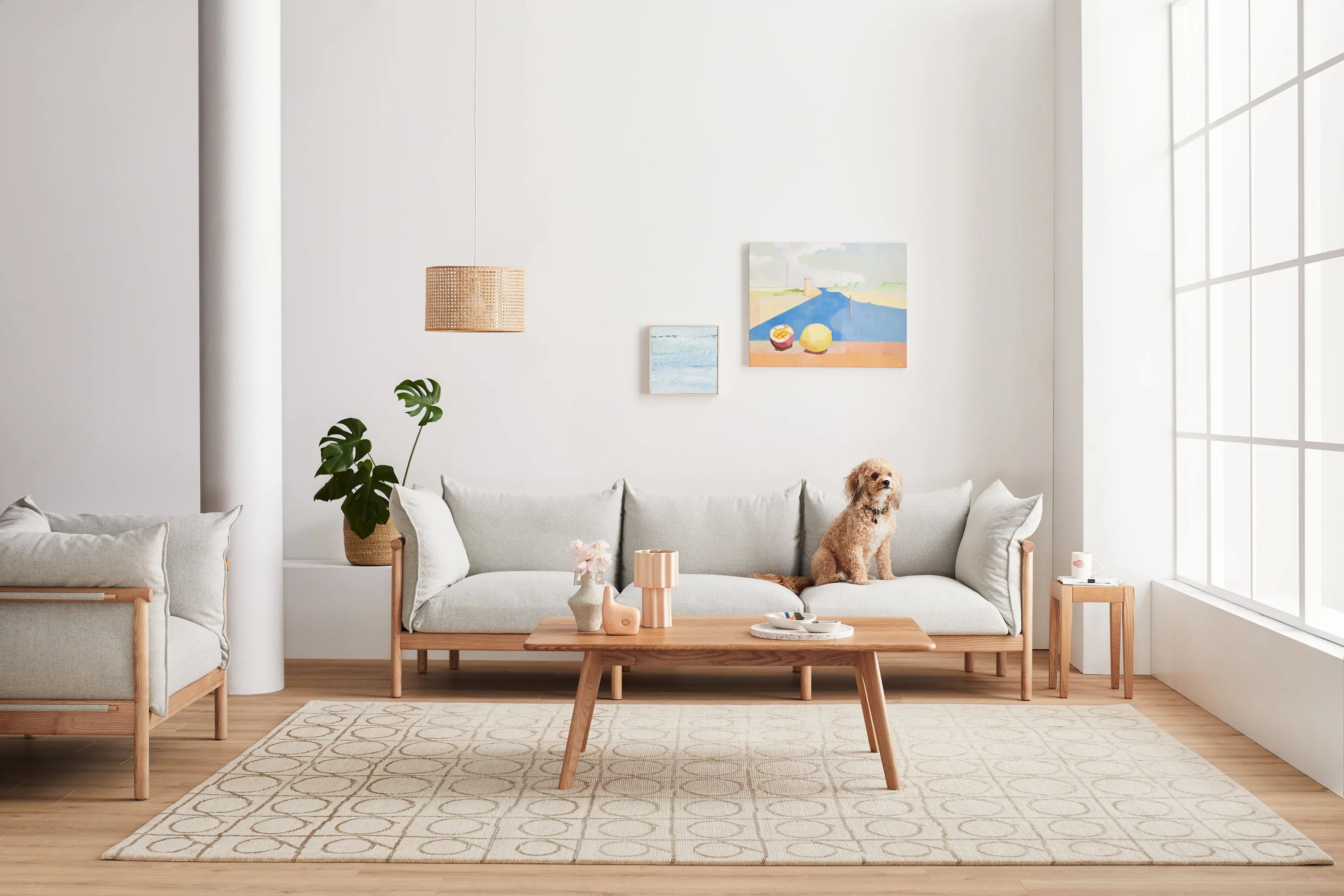 Olivia Sofa 3-Seater Soft Grey Fabric Solid American Oak