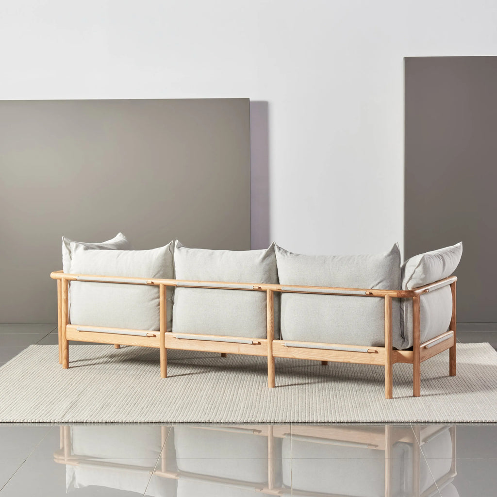 Olivia Sofa 3-Seater Soft Grey Fabric Solid American Oak