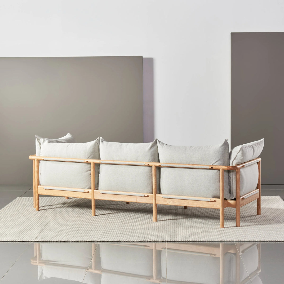 Olivia Sofa 3-Seater Soft Grey Fabric Solid American Oak