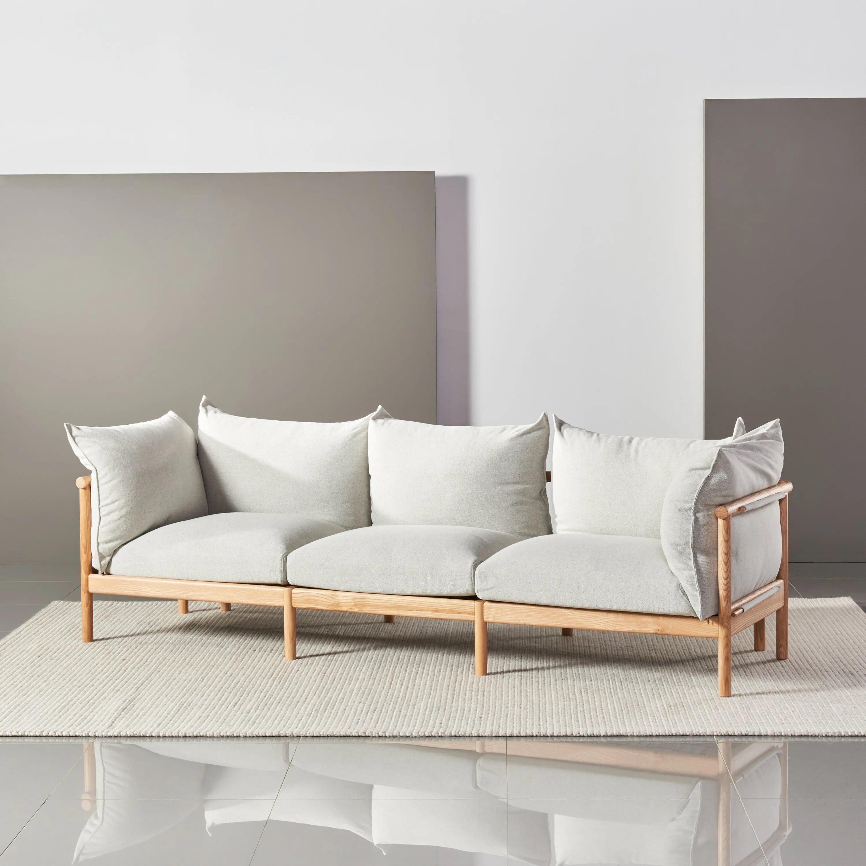 Olivia Sofa 3-Seater Soft Grey Fabric Solid American Oak