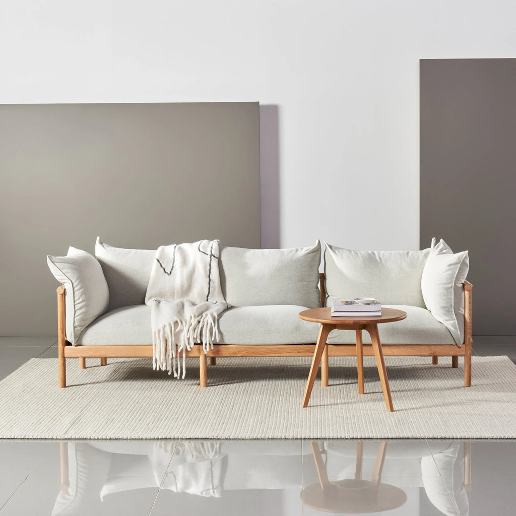 Olivia Sofa 3-Seater Soft Grey Fabric Solid American Oak