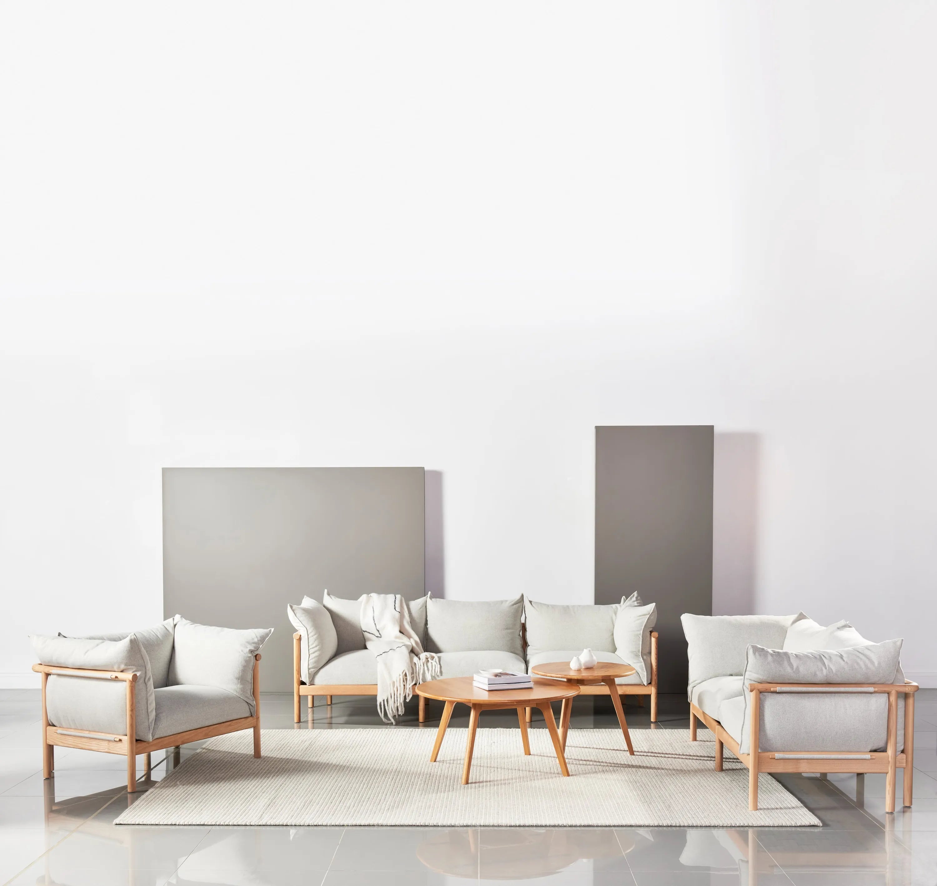 Olivia Sofa 3-Seater Soft Grey Fabric Solid American Oak