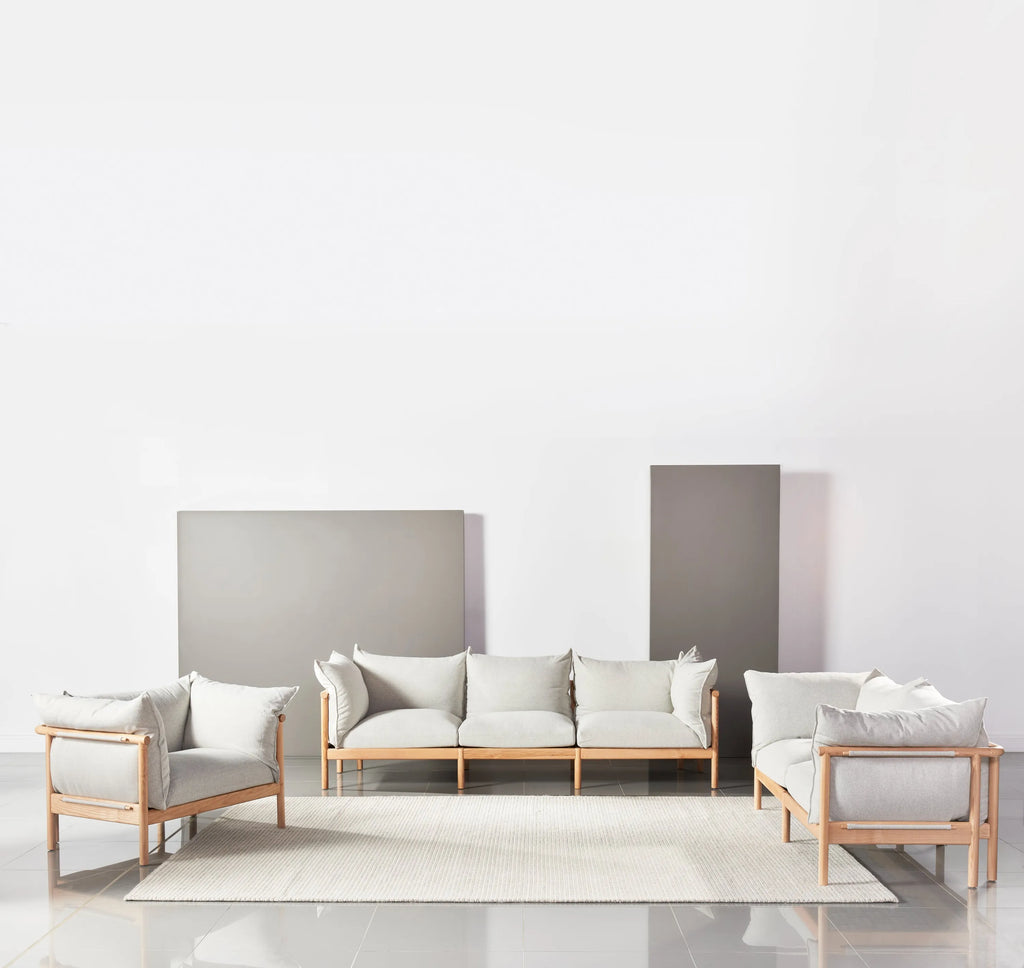 Olivia Sofa 3-Seater Soft Grey Fabric Solid American Oak