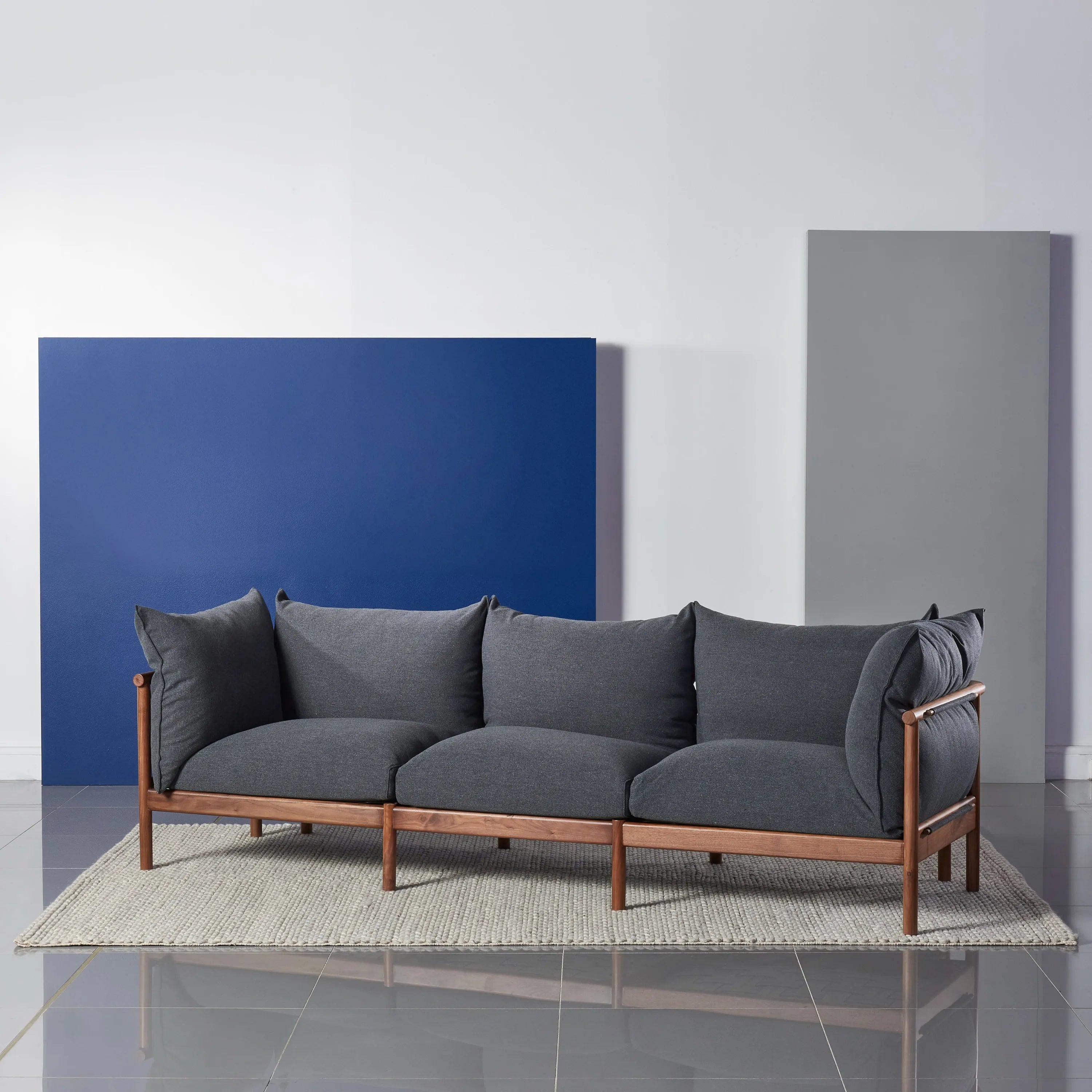 Olivia Sofa 3-Seater Granite Grey Fabric Solid American Walnut