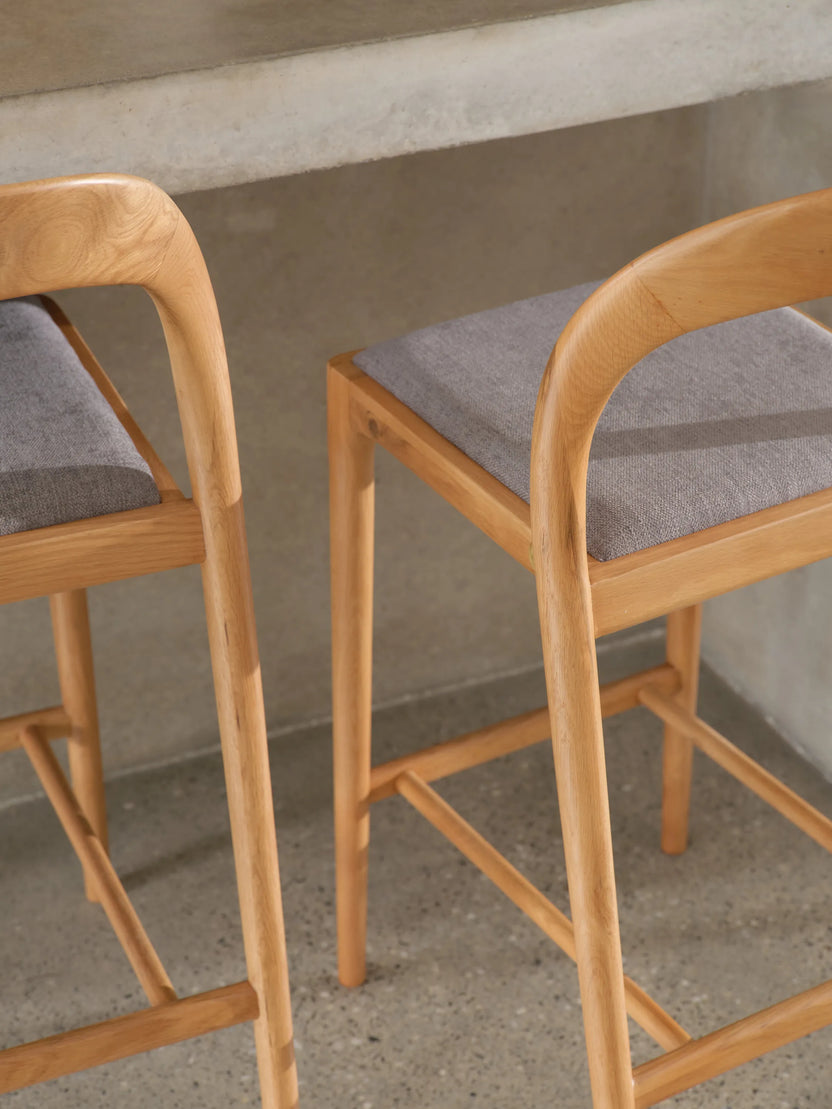 Sara Bar Stool Pewter Grey Fabric Solid American Oak