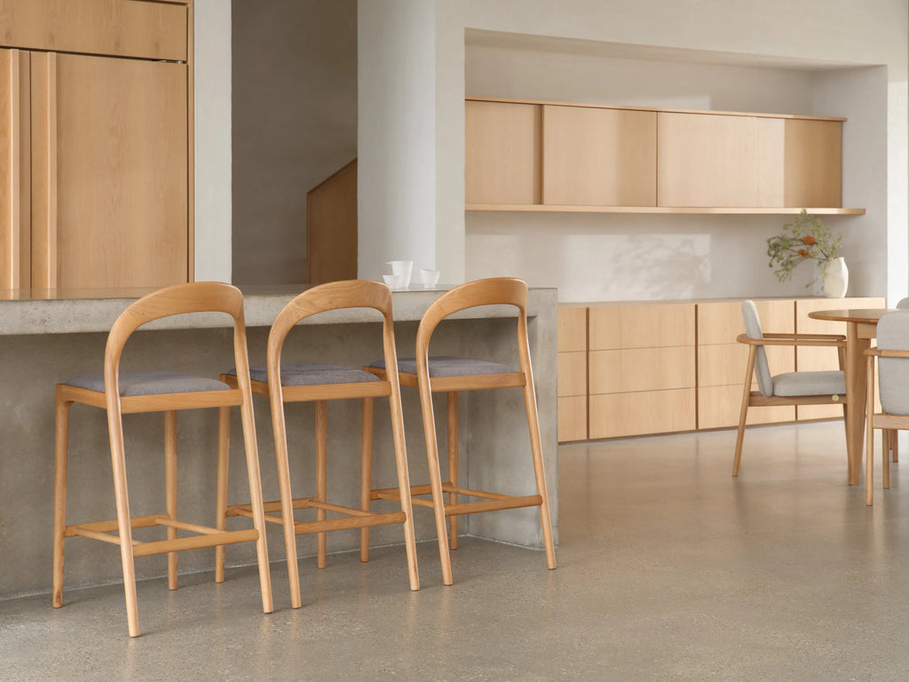 Sara Bar Stool Pewter Grey Fabric Solid American Oak