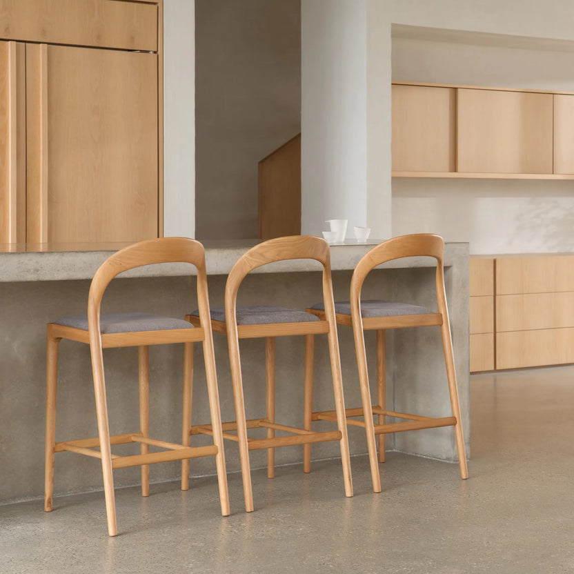 Sara Bar Stool Pewter Grey Fabric Solid American Oak