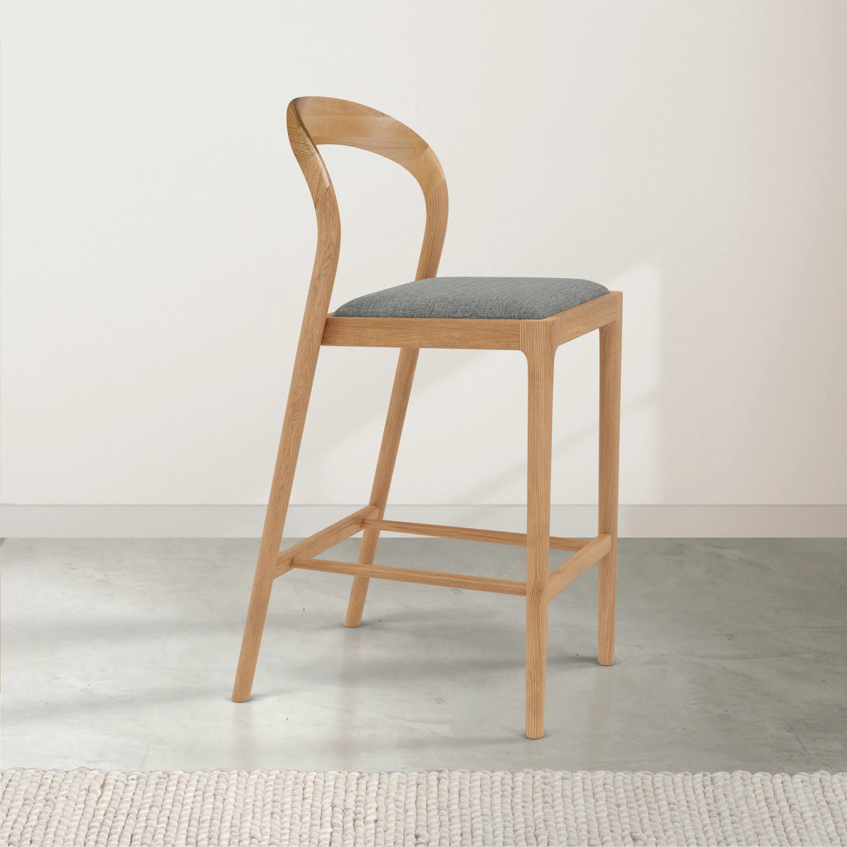 Sara Bar Stool Pewter Grey Fabric Solid American Oak