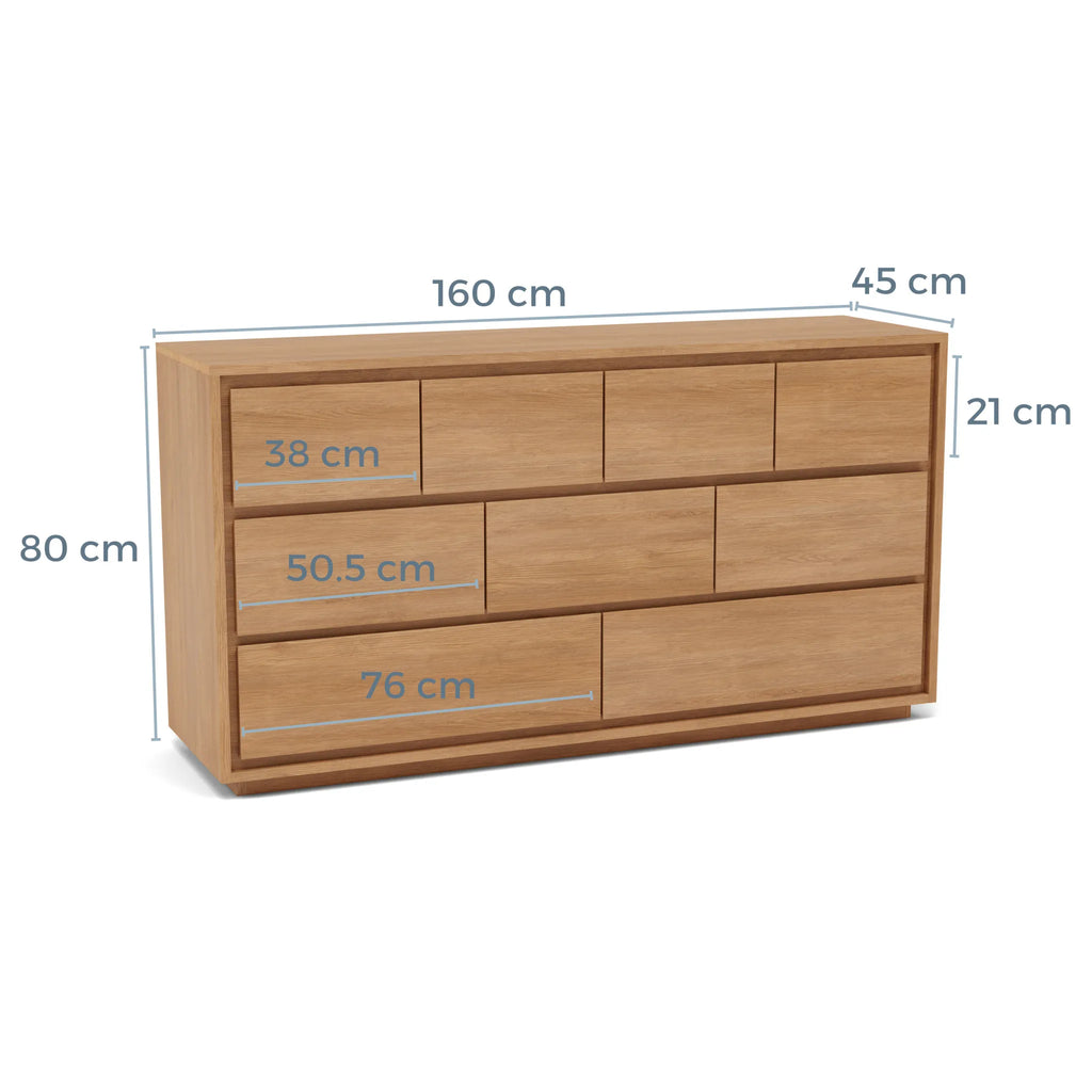 Tobias Chest 9 Drawers 160 x 45cm Solid American Oak