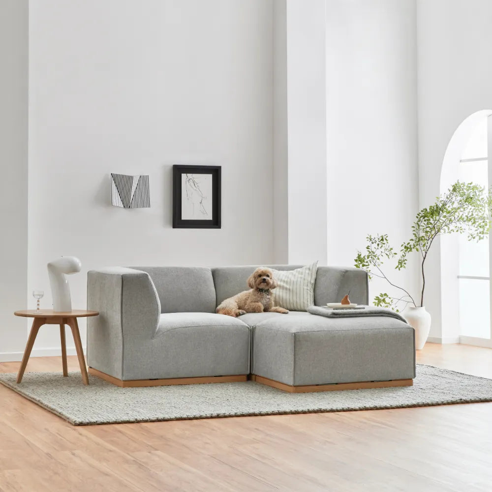 Walter Modular Sofa 2-Seater Chaise Tranquil Grey Fabric Solid American Oak