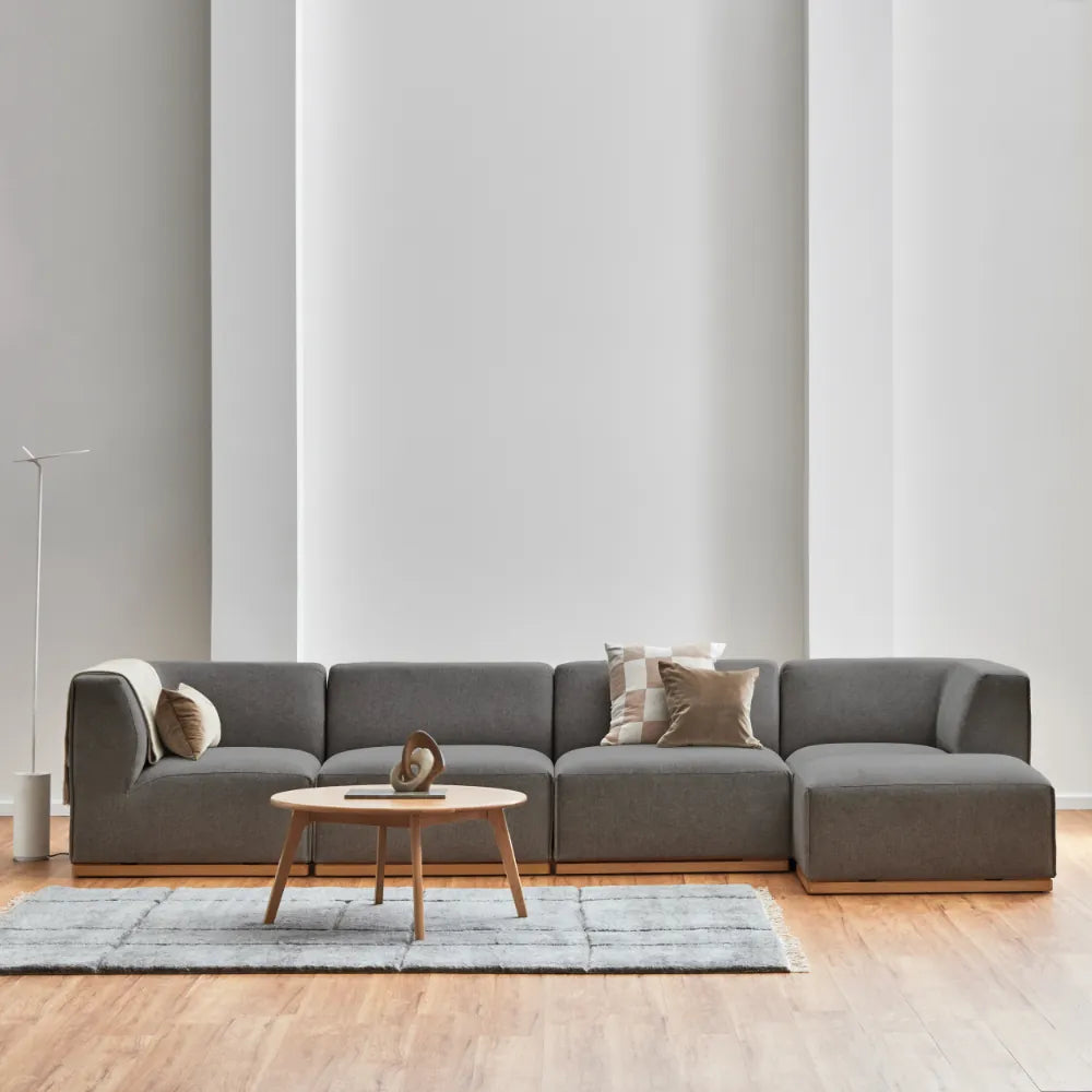 Walter Modular Sofa 4-Seater Chaise Quarry Grey Fabric Solid American Oak