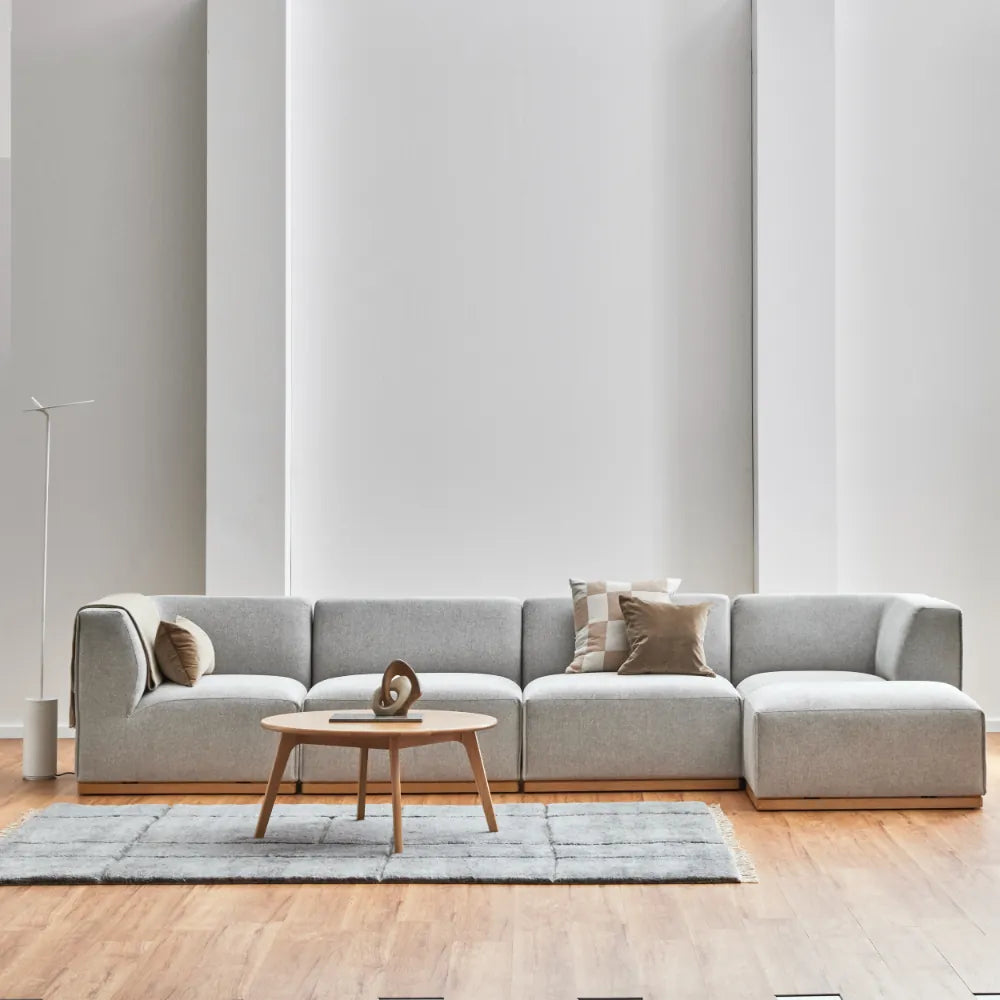 Walter Modular Sofa 4-Seater Chaise Tranquil Grey Fabric Solid American Oak