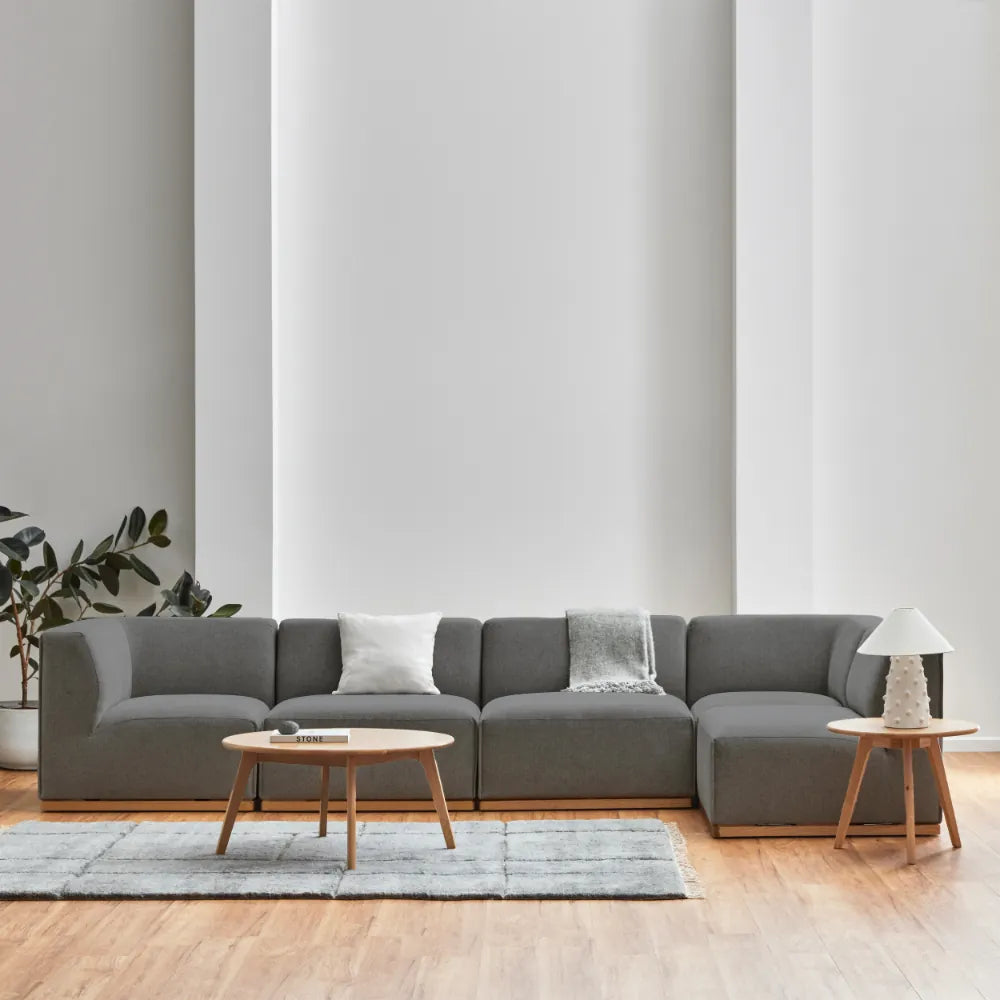 Walter Modular Sofa 5-Seater Corner Quarry Grey Fabric Solid American Oak