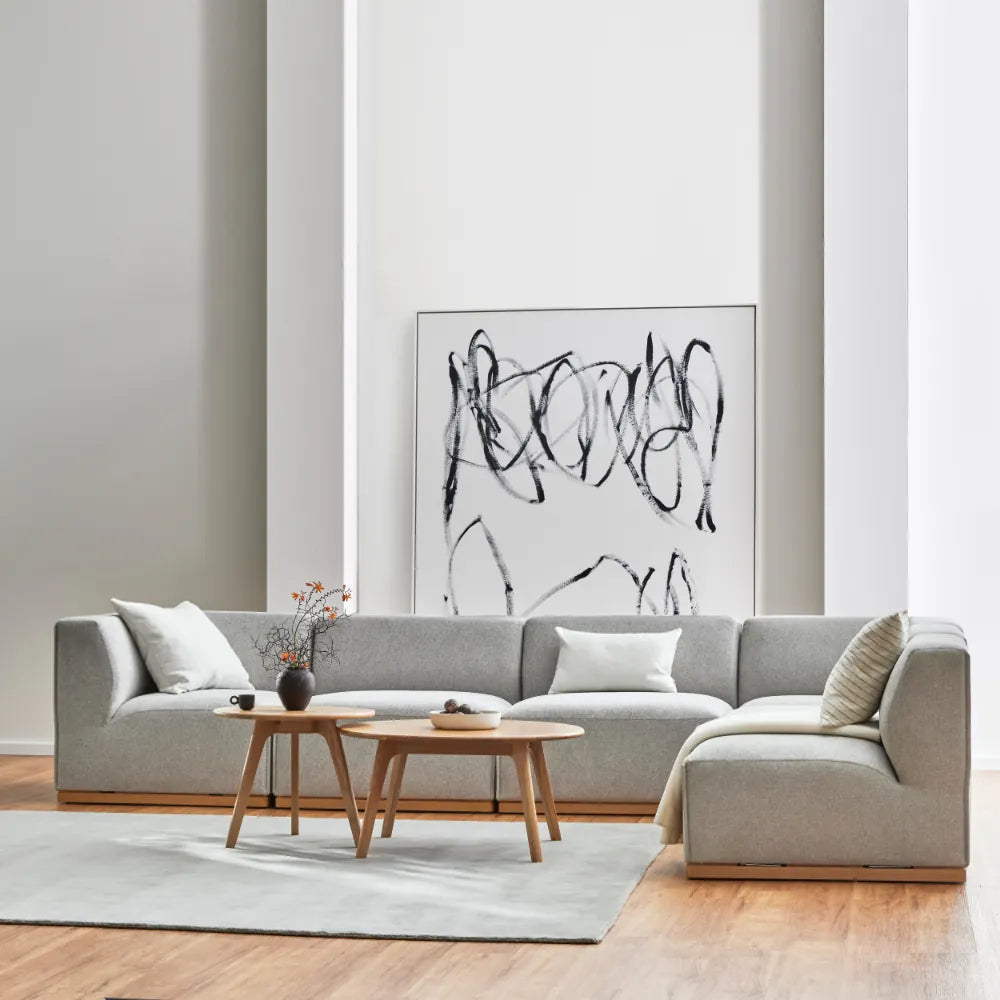 Walter Modular Sofa 6-Seater Corner Tranquil Grey Fabric Solid American Oak